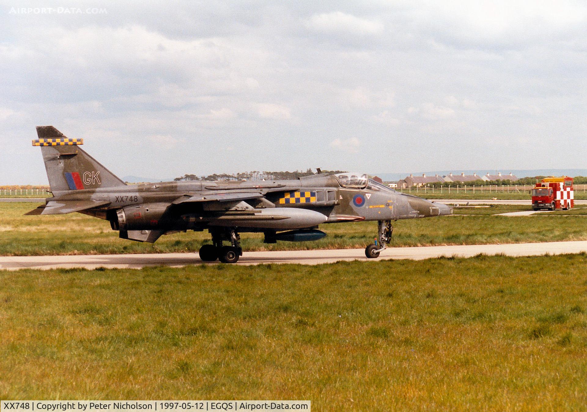 XX748, 1974 Sepecat Jaguar GR.1 C/N S.45, Jaguar GR.1 of RAF Coltishall's 54 Squadron taxying to Runway 05 at RAF Lossiemouth in the Summer of 1997.