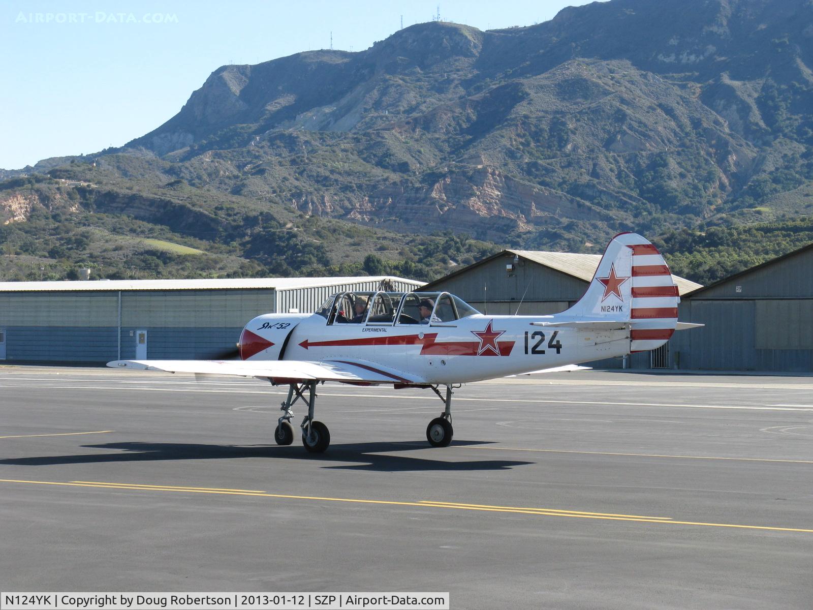 N124YK, 1984 Yakovlev Yak-52 C/N 844804, 1984 Intreprinderea de Avioane Bacau-Romania (Yakovlev) YAK 52, Vedeneev MP-14P 9 cylinder radial 360 hp, pneumatic high-pressure air bottle for engine start, gear and flaps retraction/extension. Taxi to Rwy 22