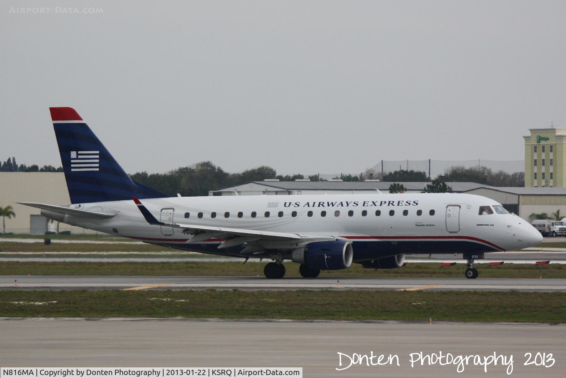 N816MA, 2004 Embraer 170SU (ERJ-170-100SU) C/N 17000037, US Air Flight 3396 operated by Republic (N816MA) taxis for flight at Sarasota-Bradenton International Airport