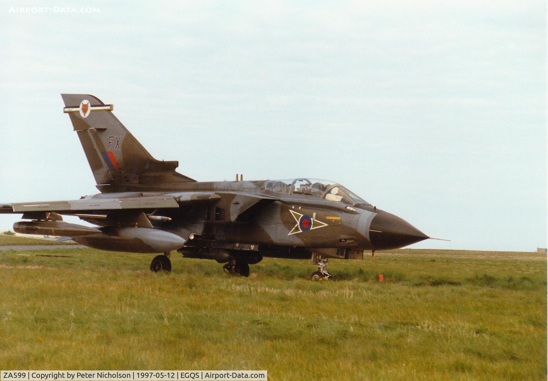 ZA599, 1982 Panavia Tornado GR.1 C/N 120/BT025/3063, Tornado GR.1 of 12 Squadron taxying to Runway 05 at RAF Lossiemouth in the Summer of 1997.