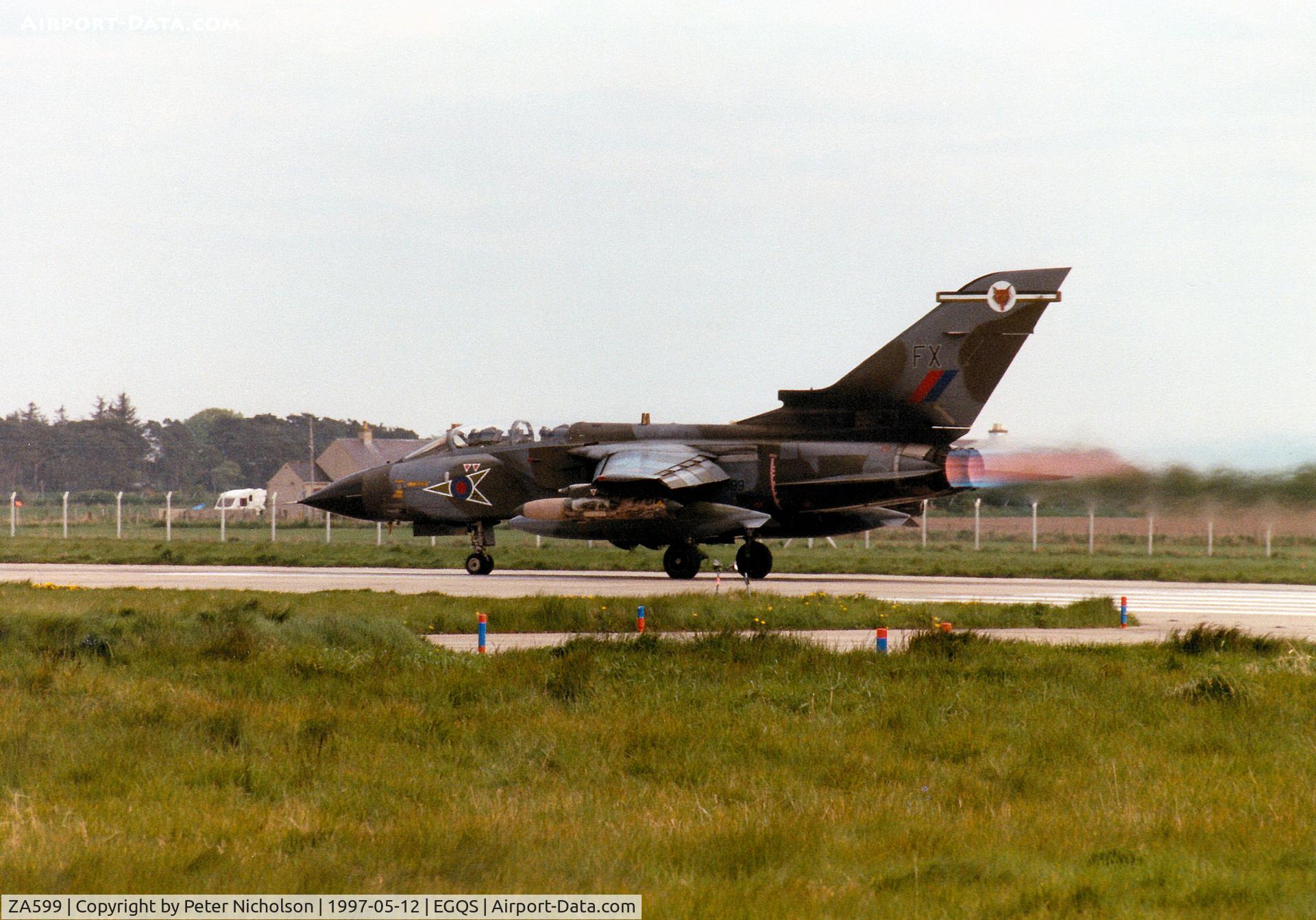 ZA599, 1982 Panavia Tornado GR.1 C/N 120/BT025/3063, Tornado GR.1 of 12 Squadron taking off from Runway 05 at RAF Lossiemouth in the Summer of 1997.