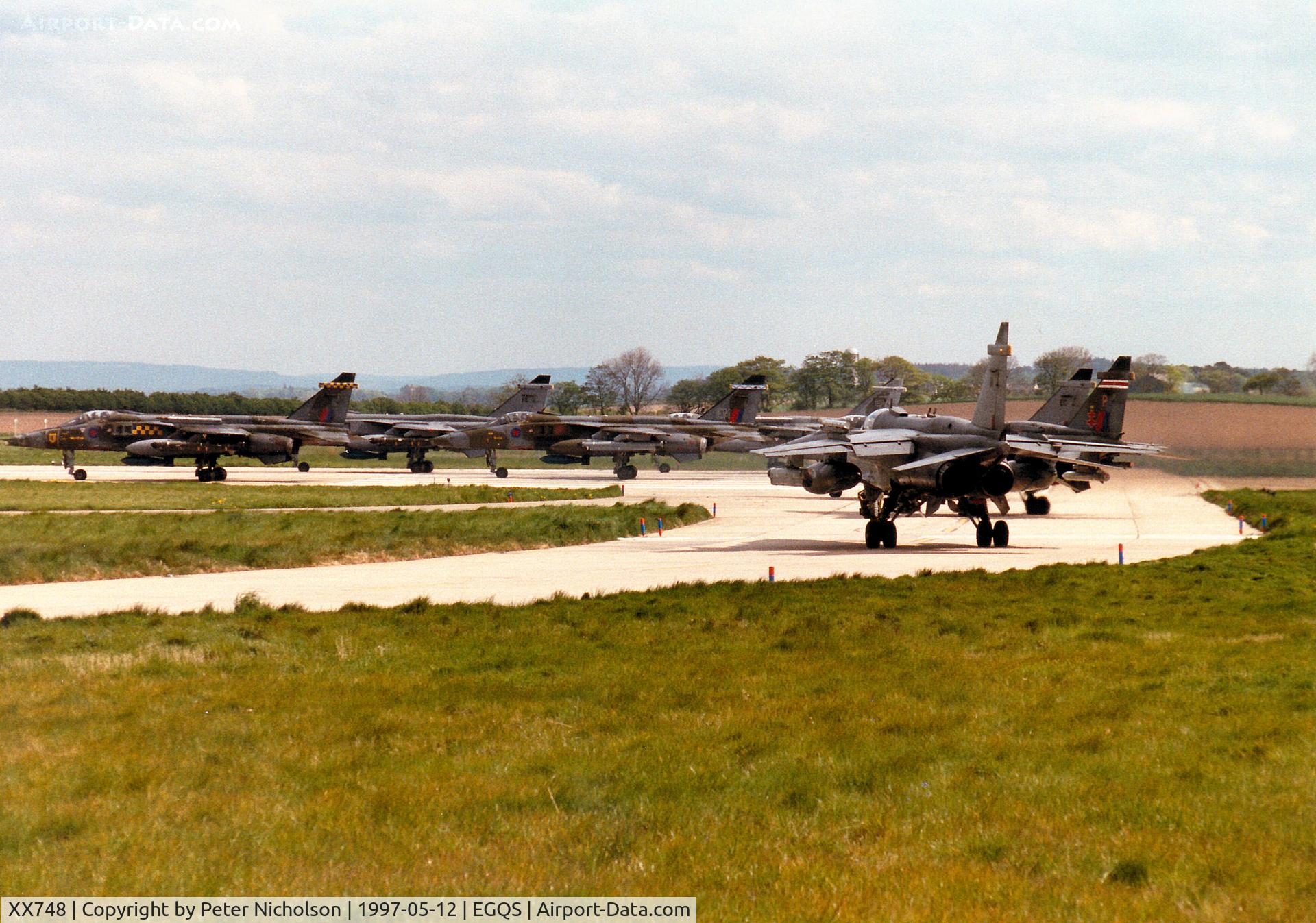 XX748, 1974 Sepecat Jaguar GR.1 C/N S.45, Jaguar GR.1 of 54 Squadron at RAF Coltishall leading Boxer flight in readiness for take-off from Runway 05 at RAF Lossiemouth in the Summer of 1997.