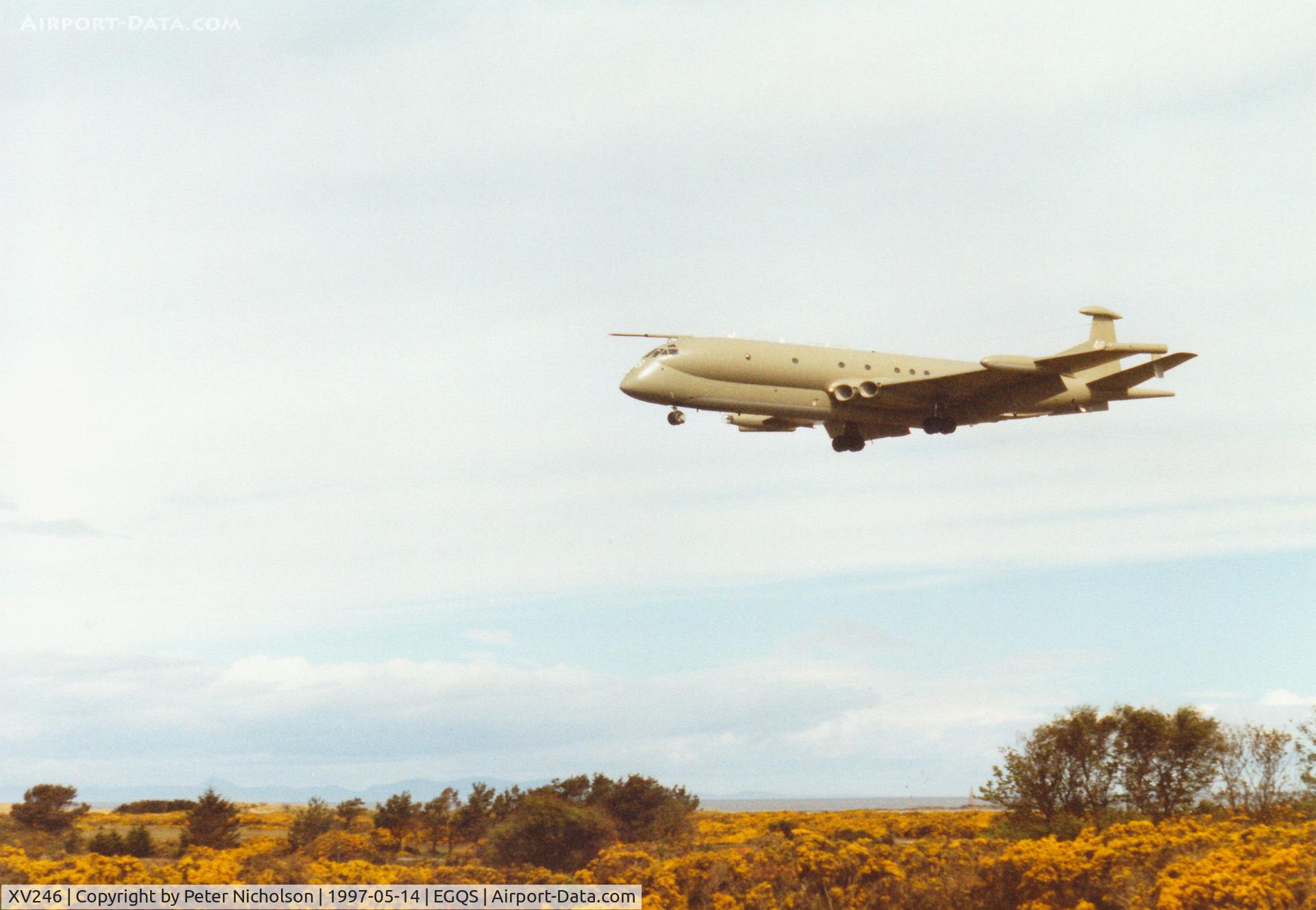 XV246, Hawker Siddeley Nimrod MR.2 C/N 8021, Nimrod MR.2 of the Kinloss Maritime Wing on approach to Runway 23 at RAF Lossiemouth in the Summer of 1997.