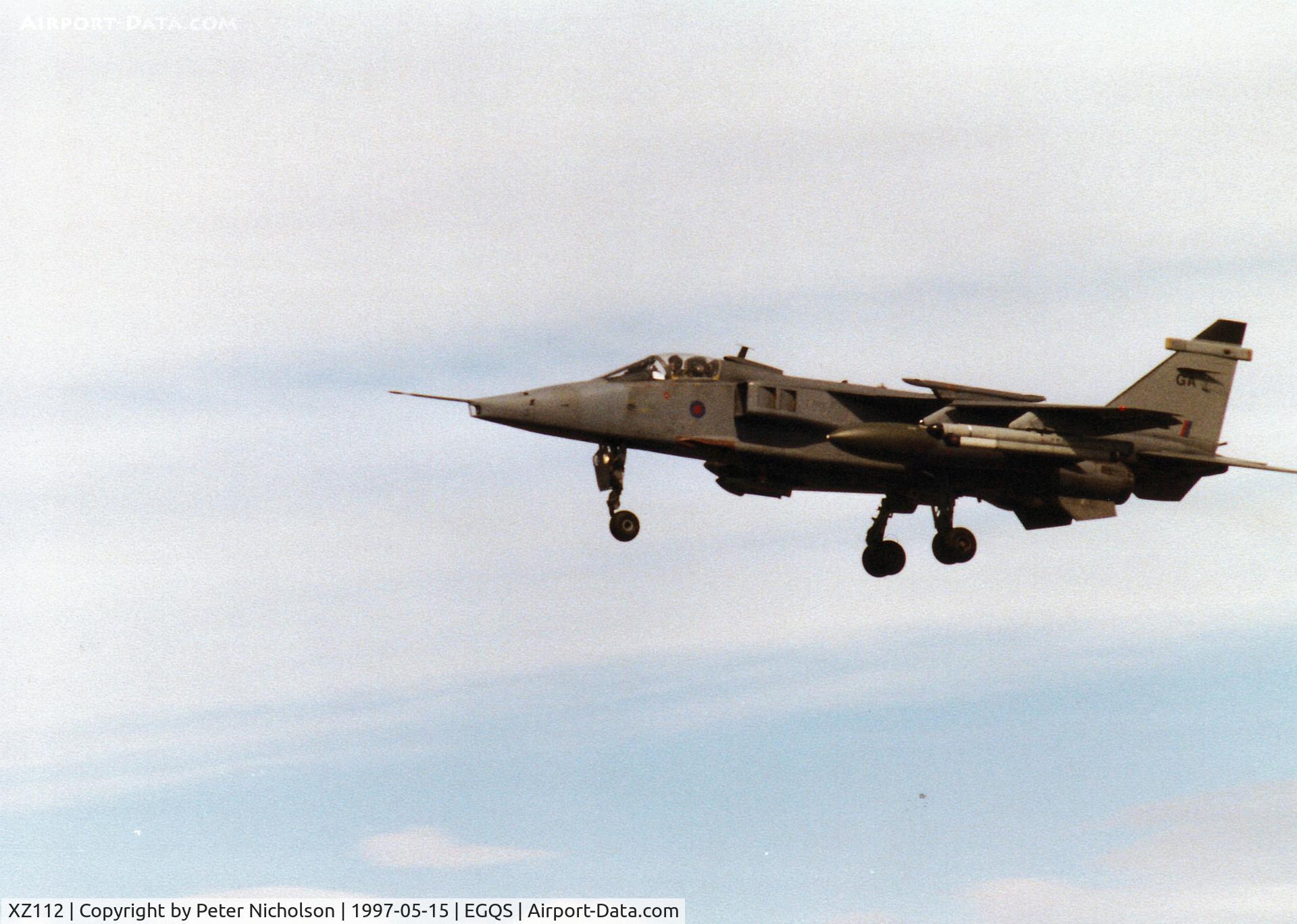 XZ112, 1976 Sepecat Jaguar GR.1A C/N S.113, Jaguar GR.1A of RAF Coltishall's 54 Squadron on final approach to Runway 23 at RAF Lossiemouth in the Summer of 1997.