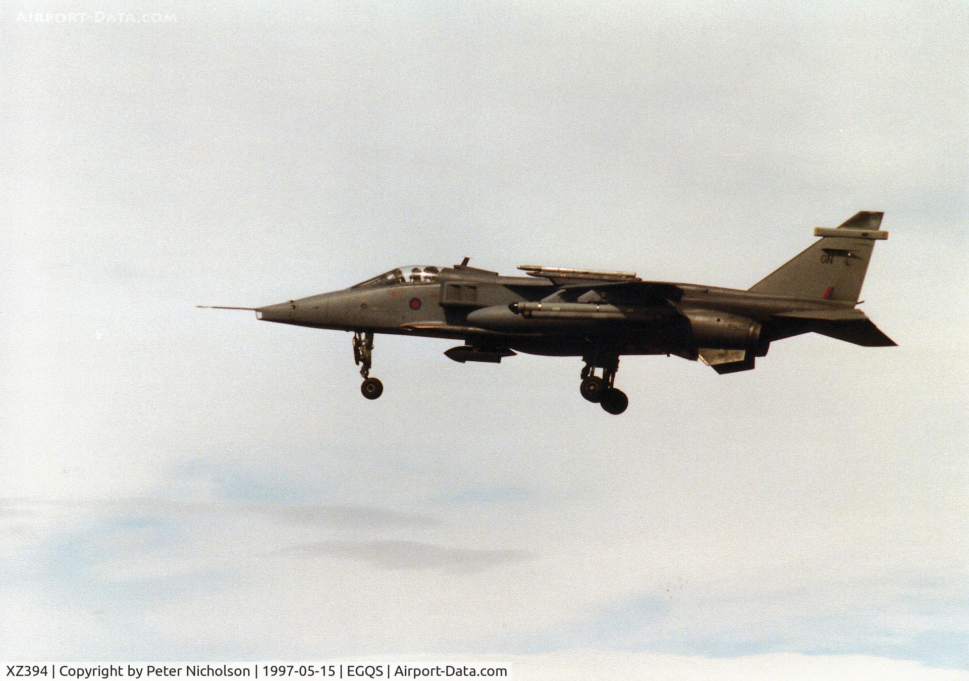 XZ394, 1977 Sepecat Jaguar GR.1A C/N S.159, Jaguar GR.1A of RAF Coltishall's 54 Squadron on final approach to Runway 23 at RAF Lossiemouth in the Summer of 1997.