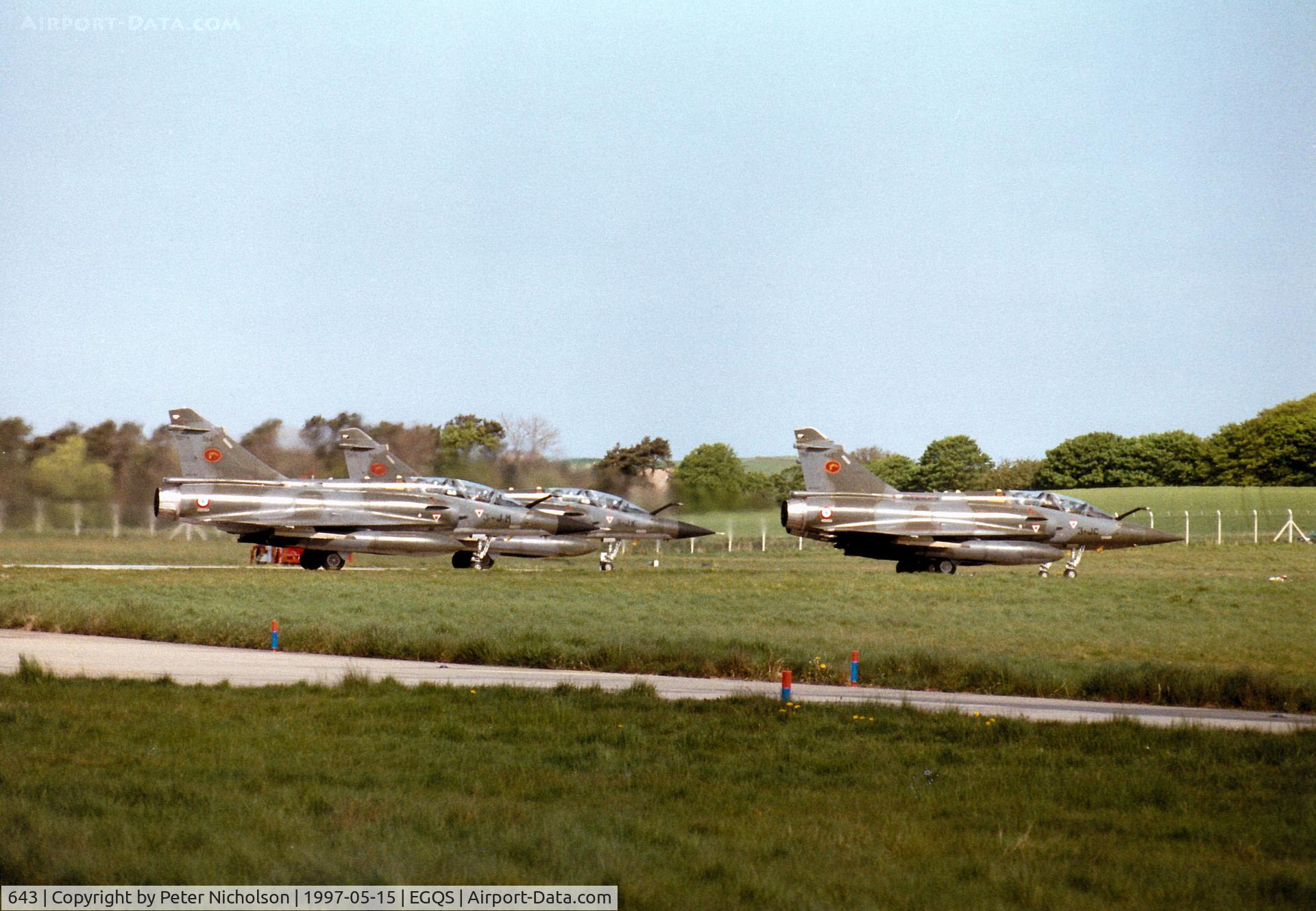 643, Dassault Mirage 2000D C/N 643, Mirage 2000D of EC 02.003 leading companions 362 coded 3-JK and 364 coded 3-JM for take-off from Runway 05 at RAF Lossiemouth in the Summer of 1997.