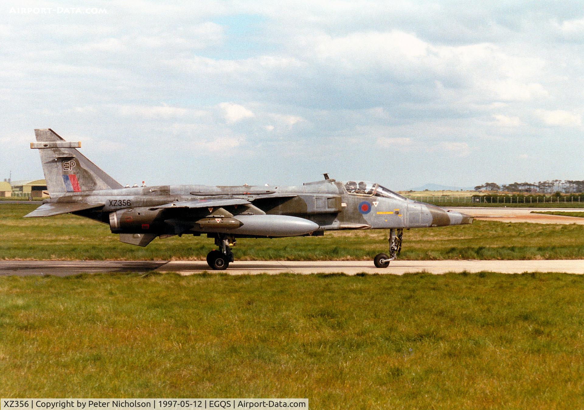 XZ356, 1976 Sepecat Jaguar GR.1A C/N S.123, Jaguar GR.1A of 6 Squadron at RAF Coltishall taxying to the active runway at RAF Lossiemouth in the Summer of 1997.