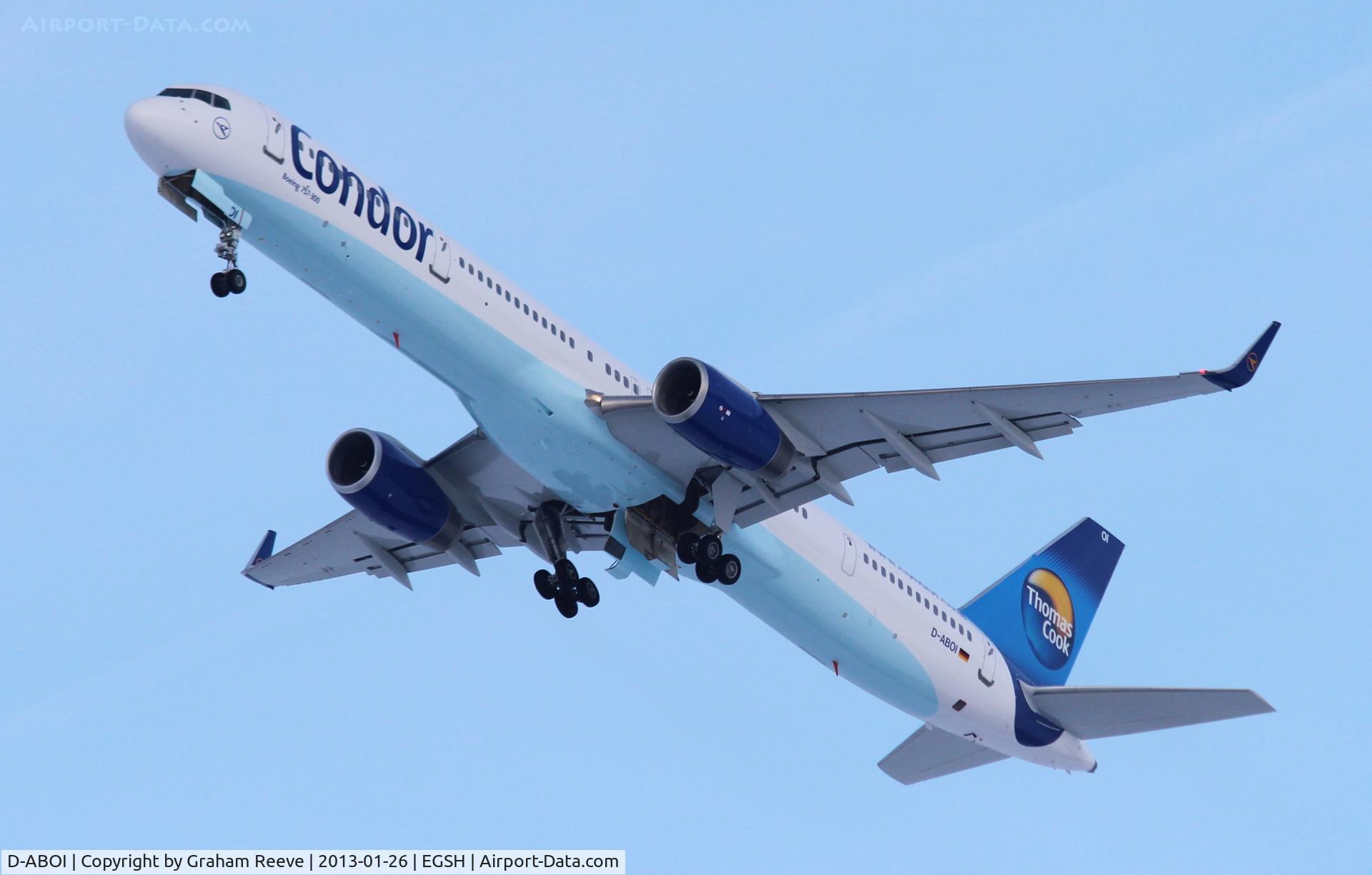 D-ABOI, 2000 Boeing 757-330 C/N 29018, Departing from Norwich.