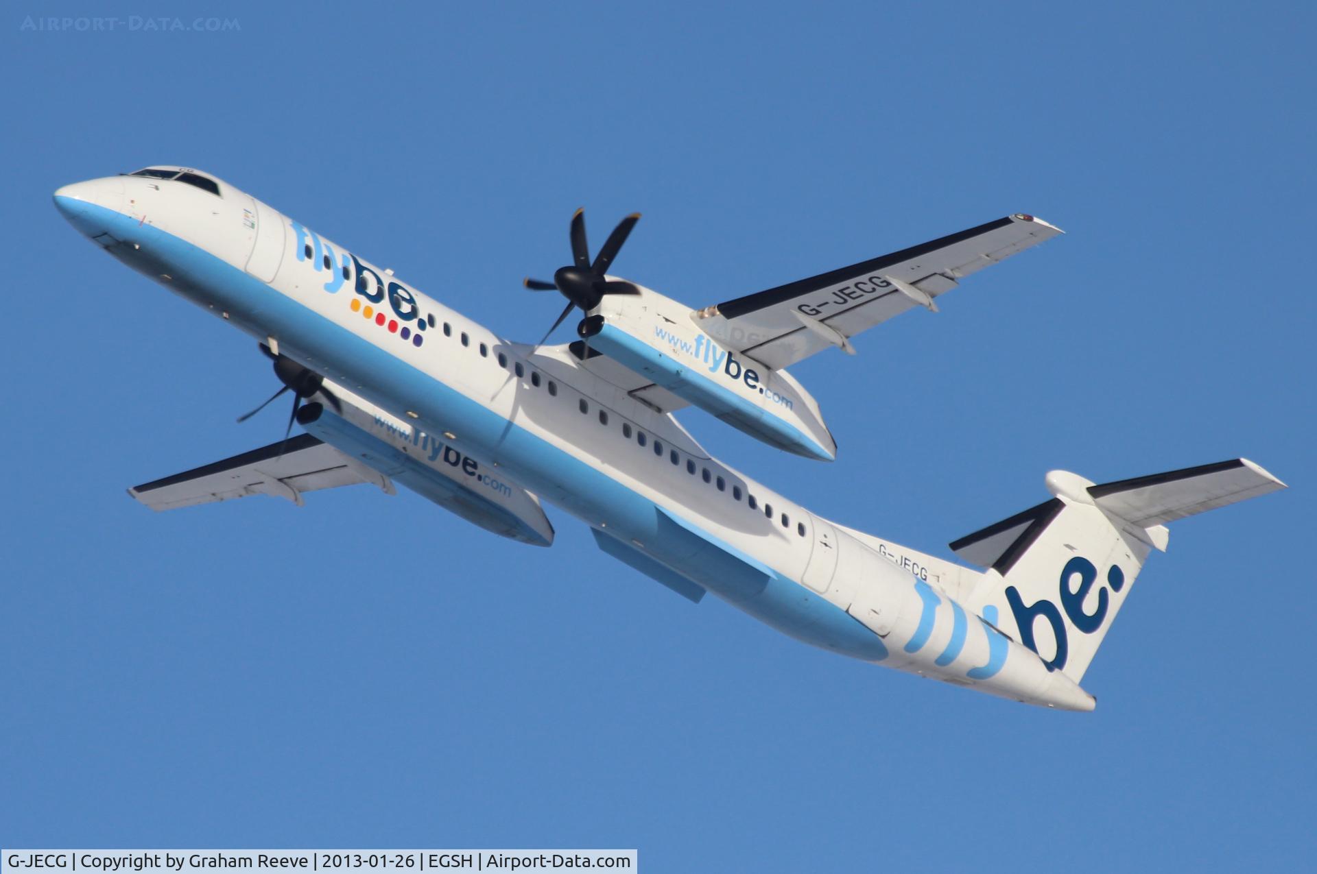G-JECG, 2004 De Havilland Canada DHC-8-402Q Dash 8 C/N 4098, Departing from Norwich.