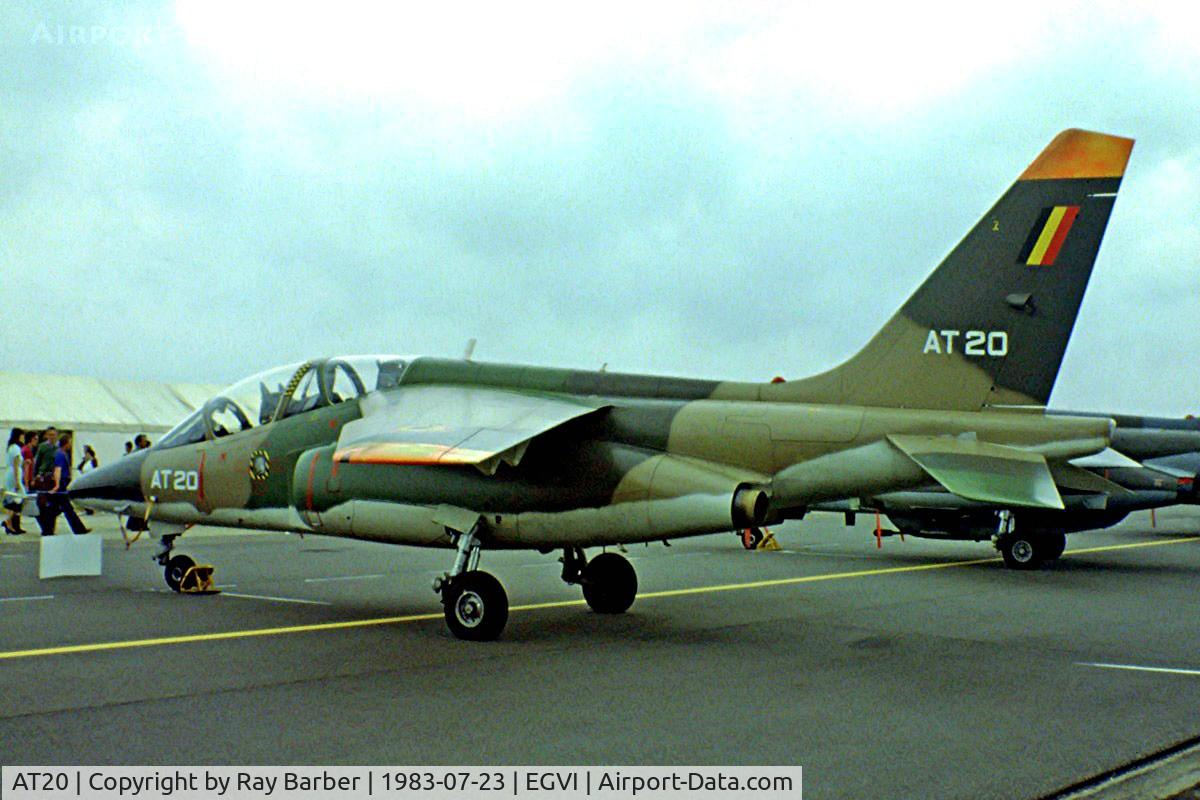 AT20, Dassault-Dornier Alpha Jet 1B C/N B20/1075, Dassault-Dornier Alpha Jet 1B+ [1076] (Belgian AF) RAF Greenham Common~G 23/07/1983. Image taken from a slide.
