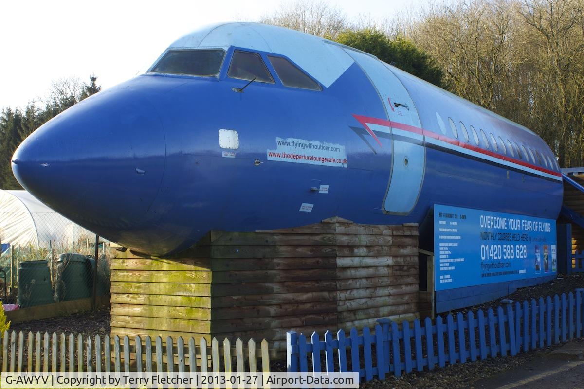 G-AWYV, 1969 BAC 111-501EX One-Eleven C/N BAC.178, Fuselage of 1969 BAC 111-501EX One-Eleven, c/n: BAC.178 at Hillside Nurseries near Lasham