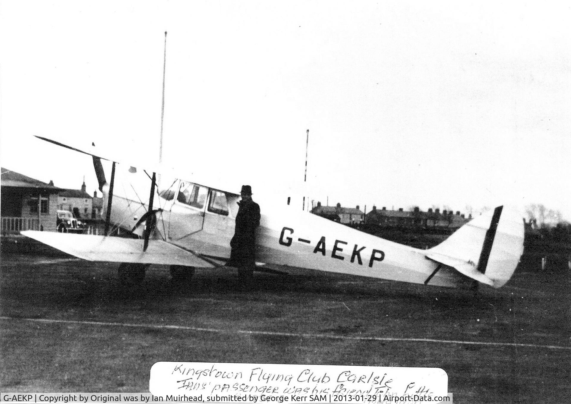 G-AEKP, De Havilland DH.87B Hornet Moth C/N 8101, Photo taken in 1936 at Kingstown Flying Club, Carlisle - Kingstown is now an industrial estate.  Aircraft at that time was owned by Ian James Muirhead. Photo courtesy of his sister Dorothy C Carruthers of Aglionby, Copyright Solway Aviation Museum.