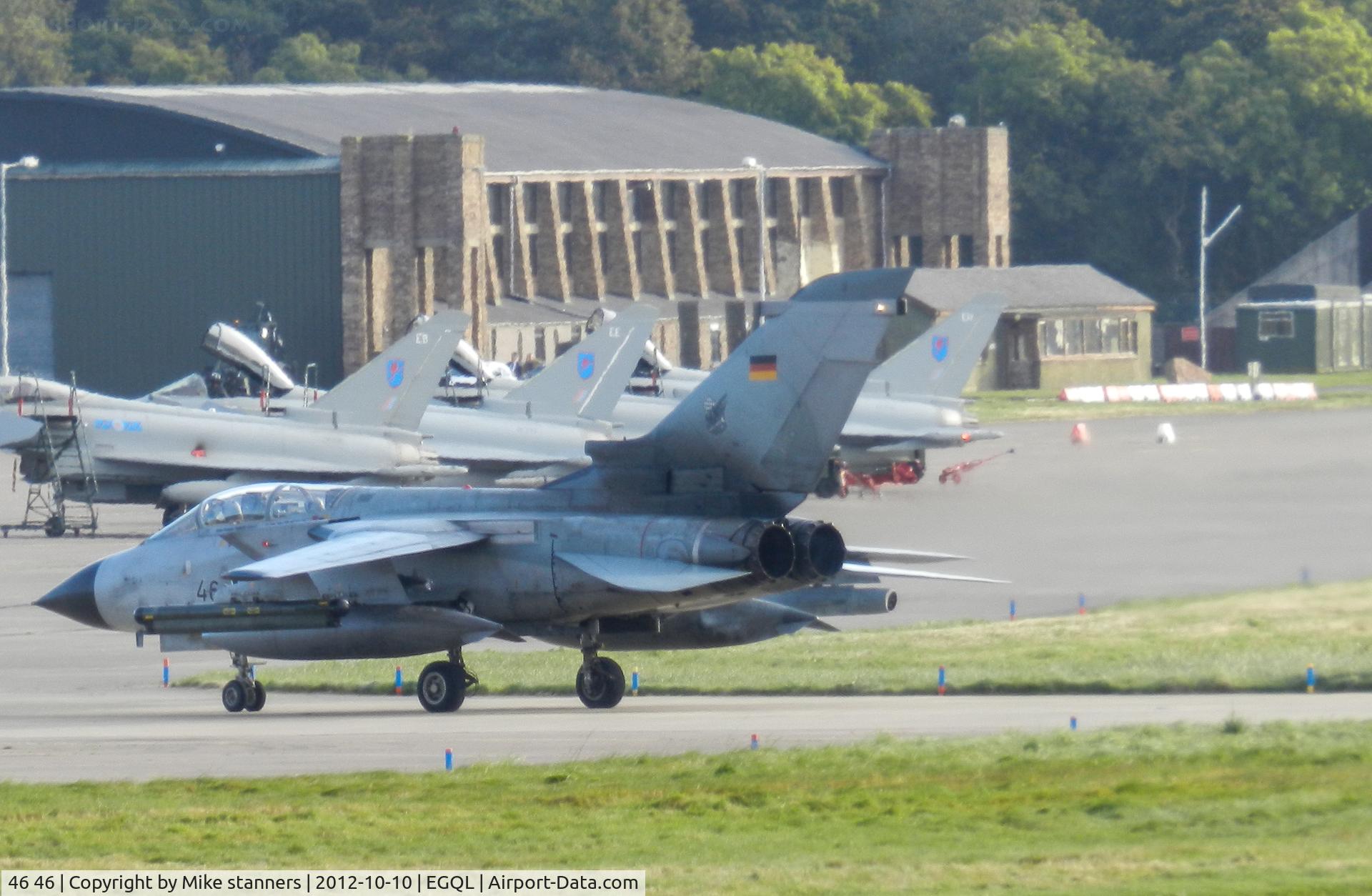 46 46, Panavia Tornado ECR C/N 876/GS279/4346, JBG-32 Tornado ECR Returns from a joint warrior sortie carrying 2x 330gal wing tanks,1x BOZ-101 chaff/flare pod,1xCerebrus III ECM pod
1x AIM-9L Sidewinder (AR),1x IRIS-T AAM