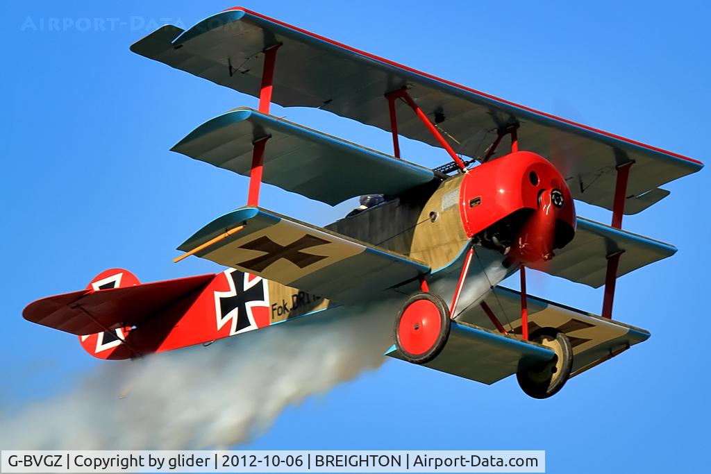 G-BVGZ, 1994 Fokker Dr.1 Triplane Replica C/N PFA 238-12654, smoking!!!