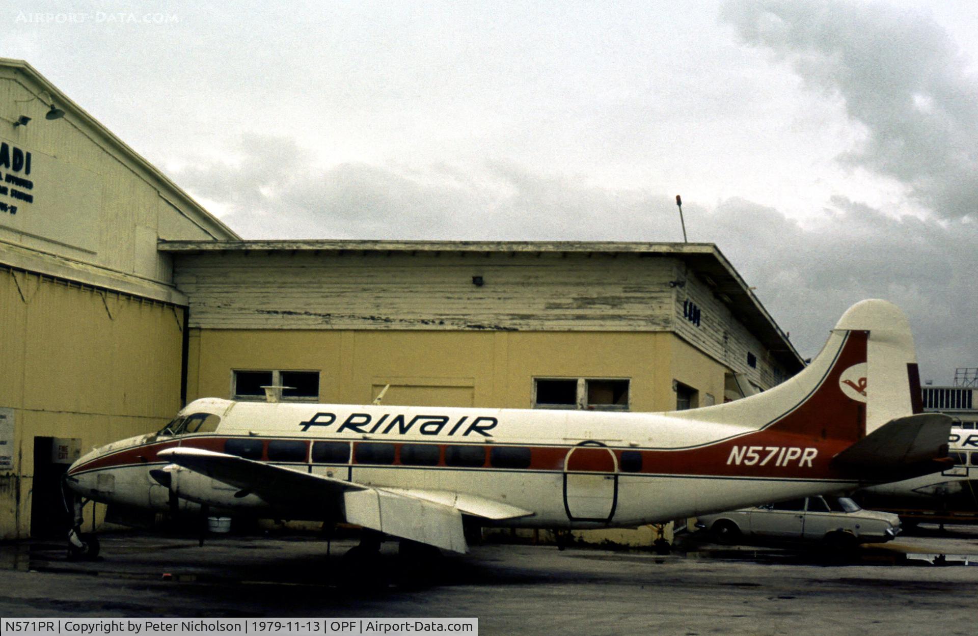 N571PR, 1957 De Havilland DH-114 Heron C/N 14119, Prinair Heron 2X as seen at Opa-Locka in November 1979.