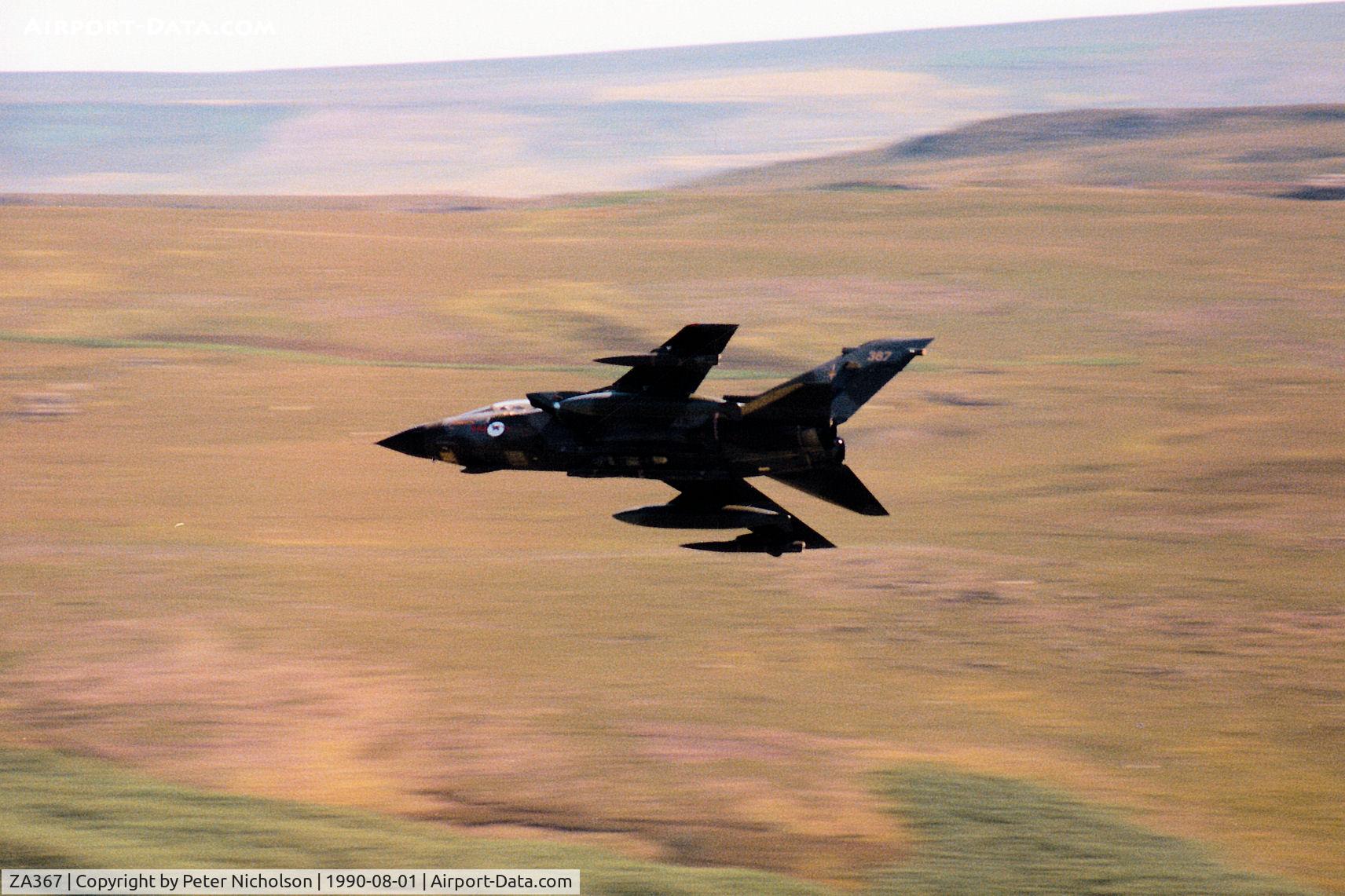 ZA367, 1982 Panavia Tornado GR.1(T) C/N 161/BT031/3081, Tornado GR.1T of the Tactical Weapons Training Unit at RAF Honington on an Exercise Mallet Blow mission departing Otterburn Range in the Summer of 1990.
