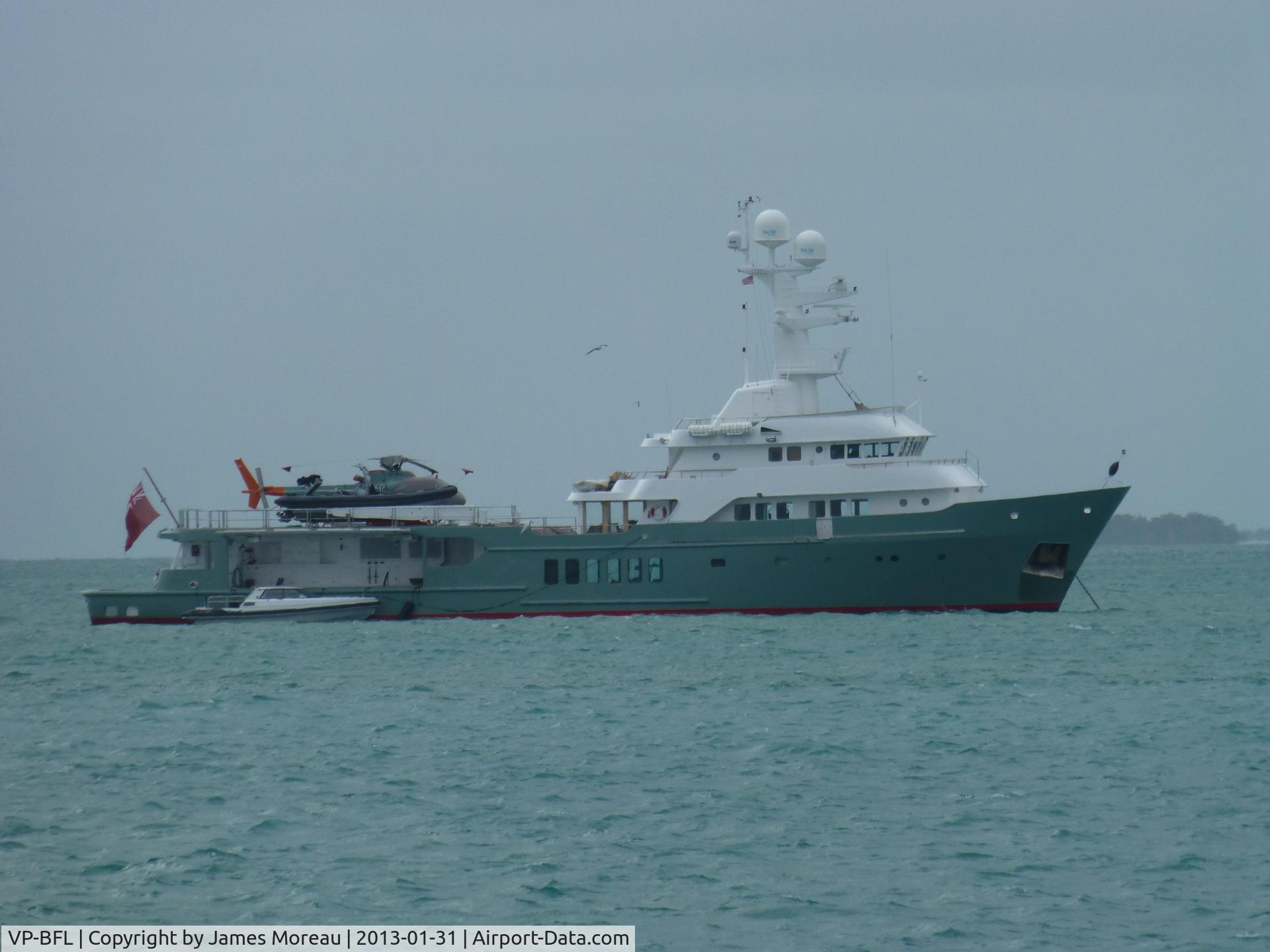VP-BFL, Helibrás HB-350B-2 Esquilo C/N 3871, Spotted moored just south of Key West, 2013/01/31.  Just able to make out registration in photoshop.