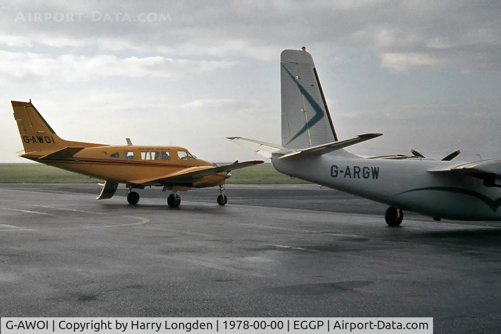 G-AWOI, 1968 Beech 65-B80 Queen Air Queen Air C/N LD-393, Beech 65-B80 Queenair owned by British Domestic Appliances at Liverpool Airport in 1978. Parked next to Aero Commander 500B G-ARGW.