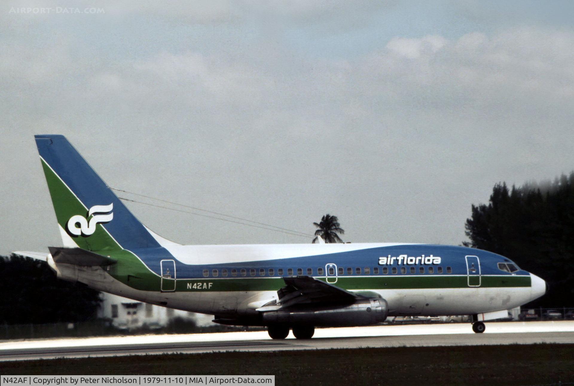 N42AF, 1969 Boeing 737-112 C/N 19770, Boeing 737-112 of Air Florida as seen at Miami in November 1979.