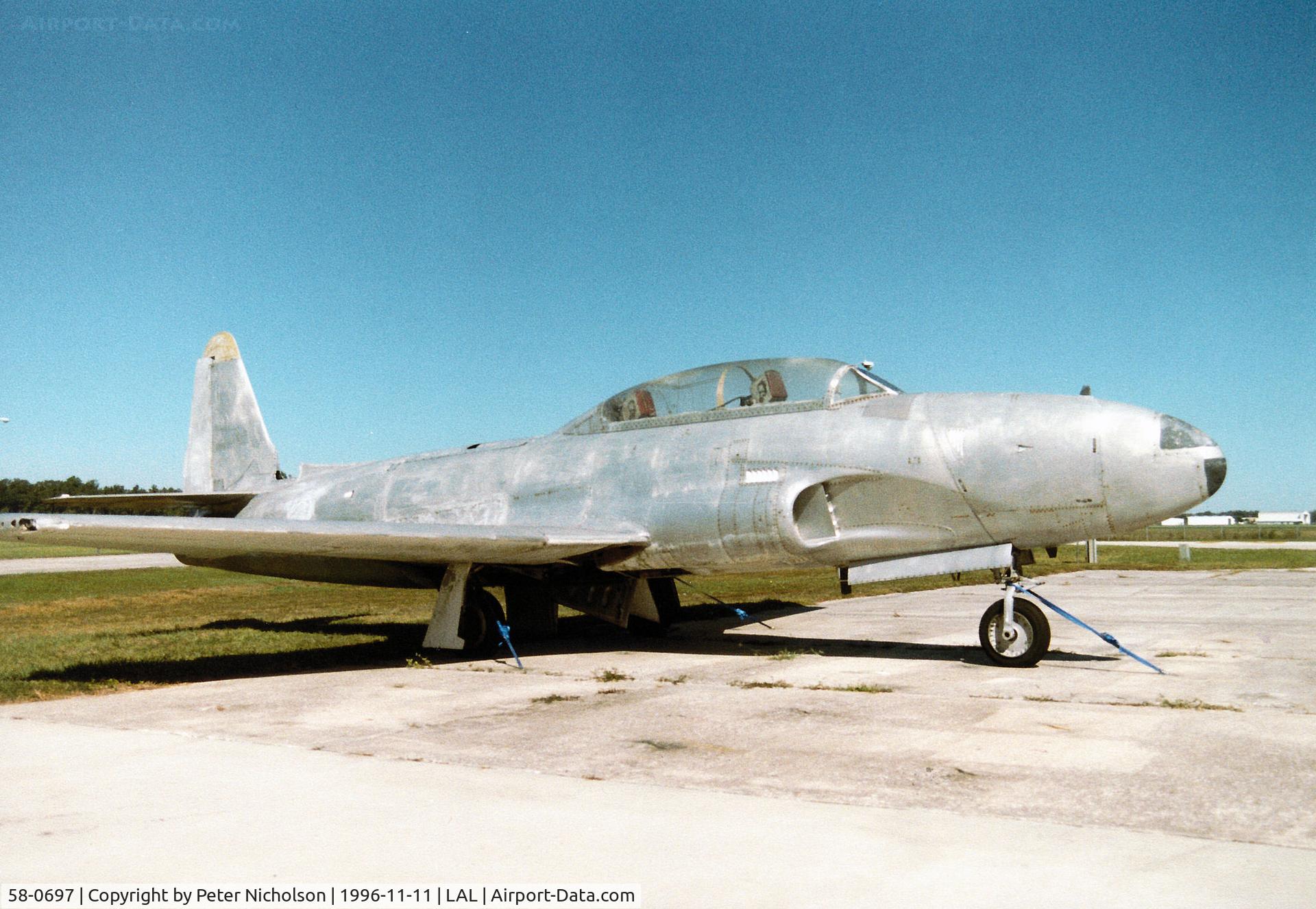 58-0697, 1958 Lockheed T-33A Shooting Star C/N 580-1666, T-33A Shooting Star 58-0697 of the Florida Air Museum as seen in November 1996.