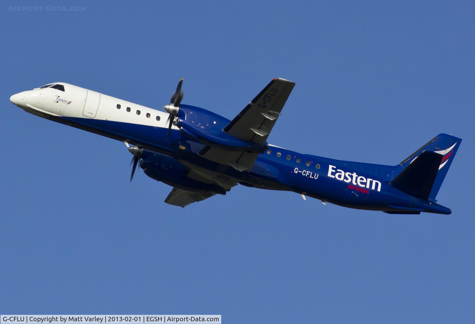 G-CFLU, 1998 Saab 2000 C/N 2000-055, Departing EGSH.