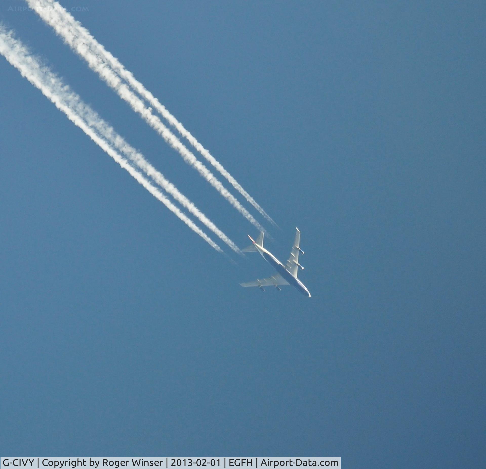 G-CIVY, 1998 Boeing 747-436 C/N 28853, British Airways B744 eastbound over Swansea Airport at 32500 feet.