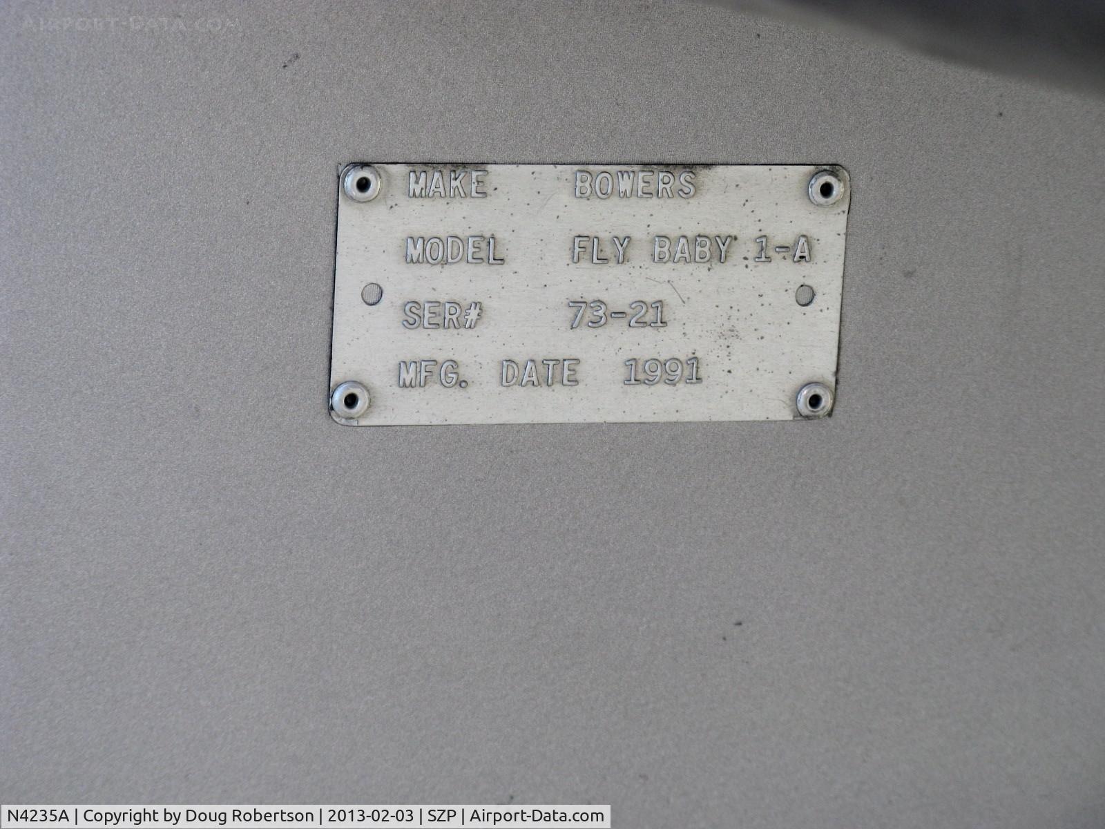 N4235A, Bowers Fly Baby C/N 73-21, 1991 Schuetz BOWERS FLY BABY 1A, Continental C75 85 Hp, Builder's Data Plate