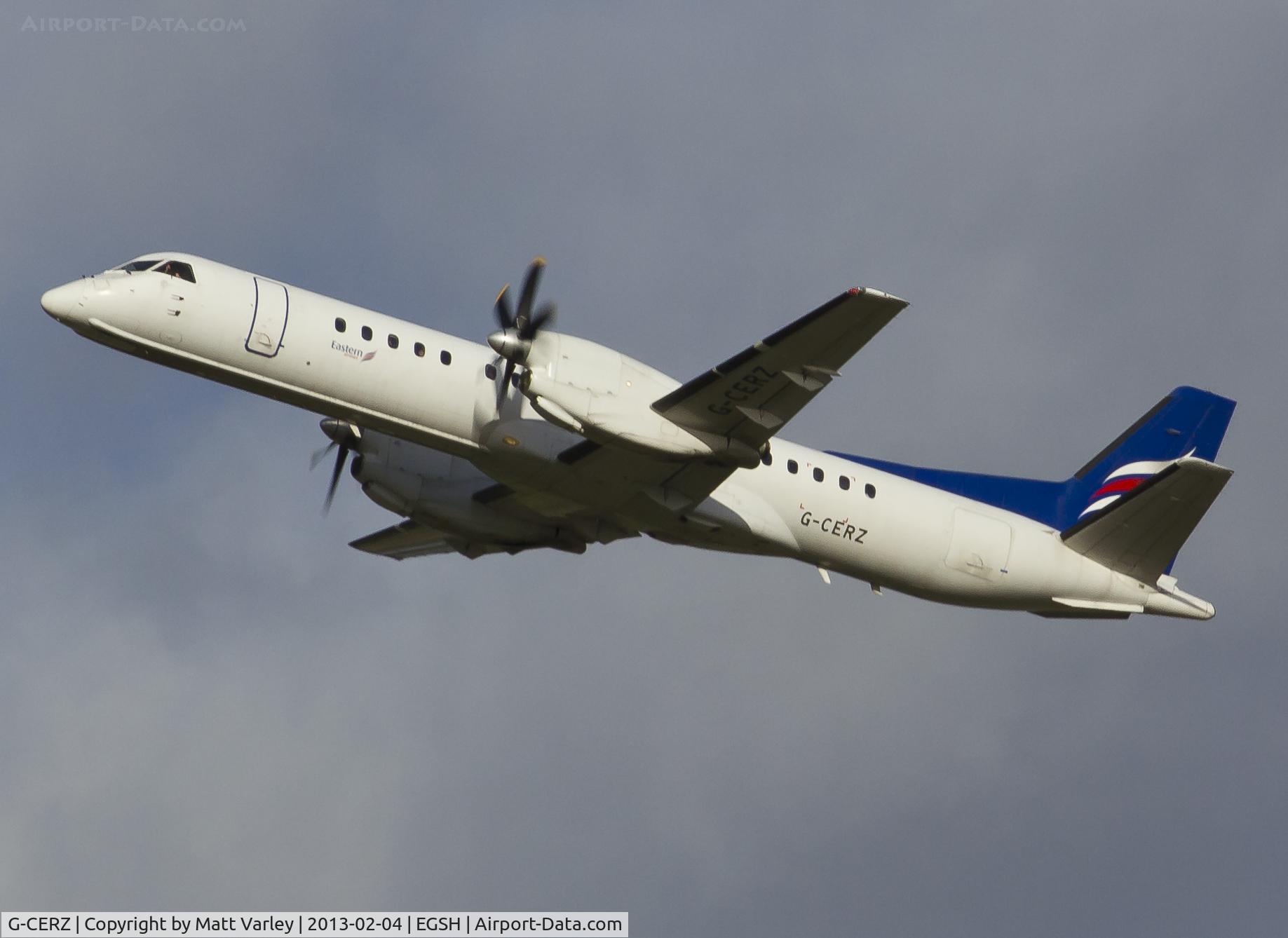 G-CERZ, 1997 Saab 2000 C/N 2000-042, Climbing away from EGSH.
