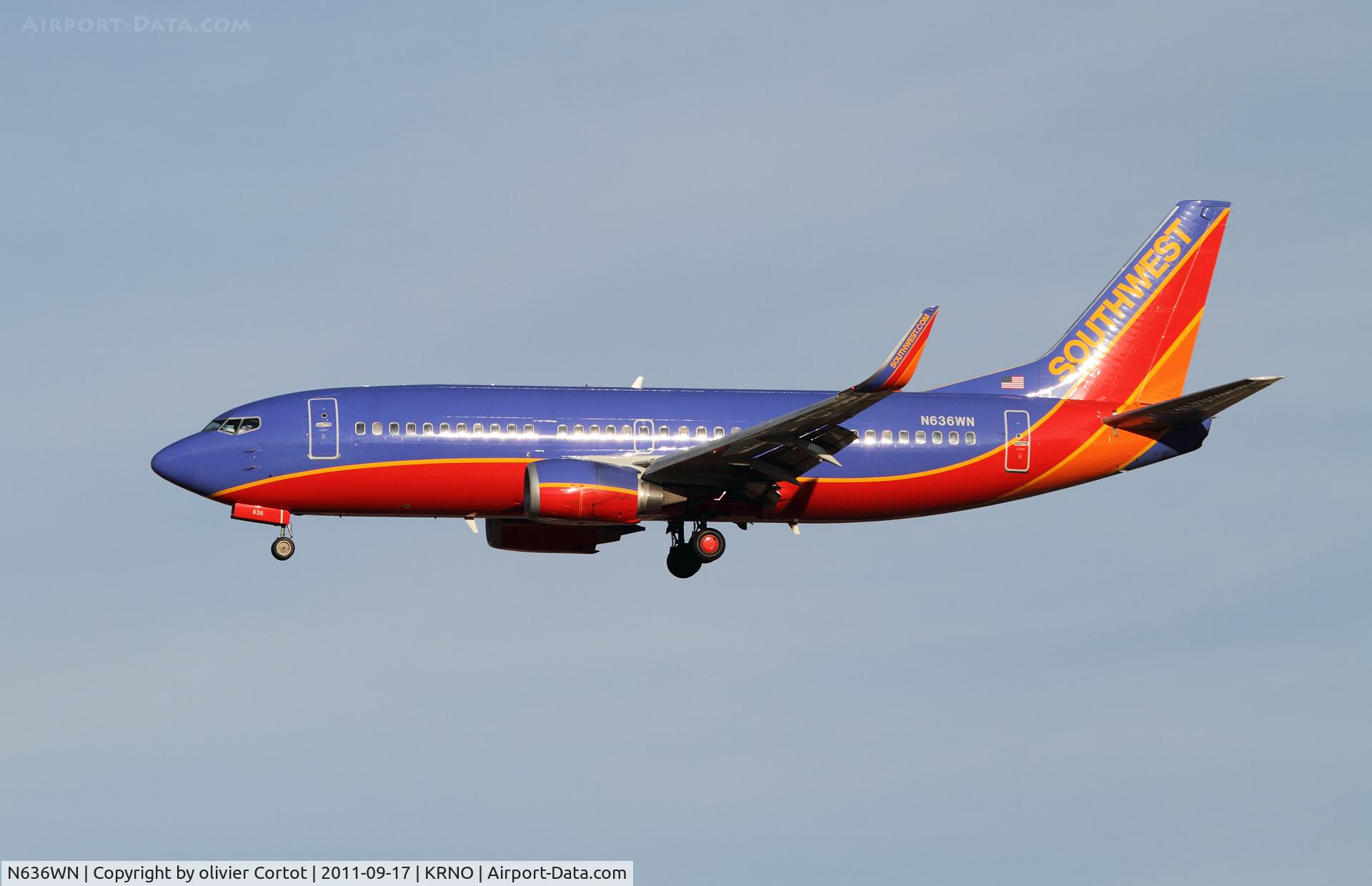 N636WN, 1996 Boeing 737-3H4 C/N 27709, landing at Reno airport