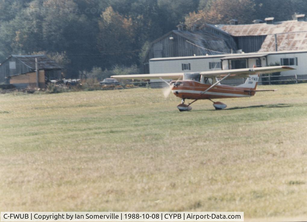 C-FWUB, 1967 Cessna 150H C/N 15067814, Whisky Uniform Bravo, rolling on 11, on the old Christie Field, Port Alberni, British Columbia, October 8, 1988. Owned at the time by Chris Duncan, Dr. Herman Nell and Nigel Hannaford. NH at controls here.
