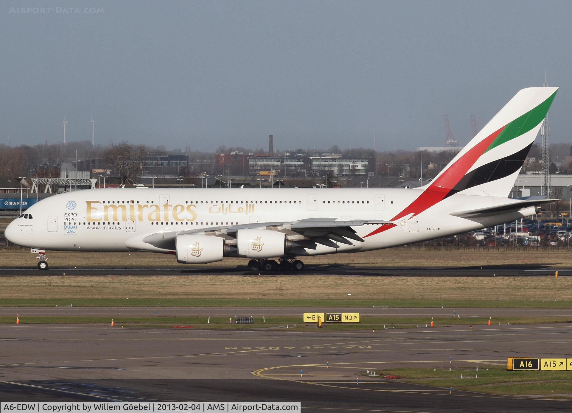 A6-EDW, 2012 Airbus A380-861 C/N 103, Arrival on Schiphol Airport and taxi to his gate.Look for the sticker on the front. 2020 etc