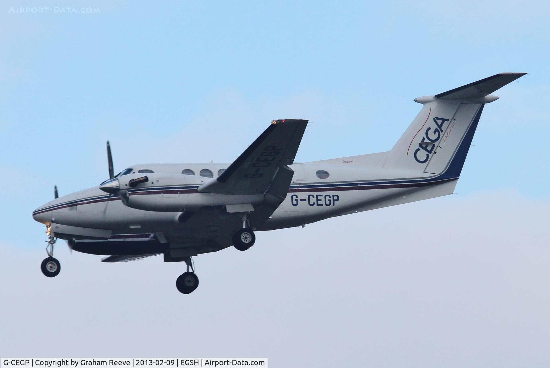 G-CEGP, 1980 Beech 200 Super King Air C/N BB-726, About to touch down at Norwich.