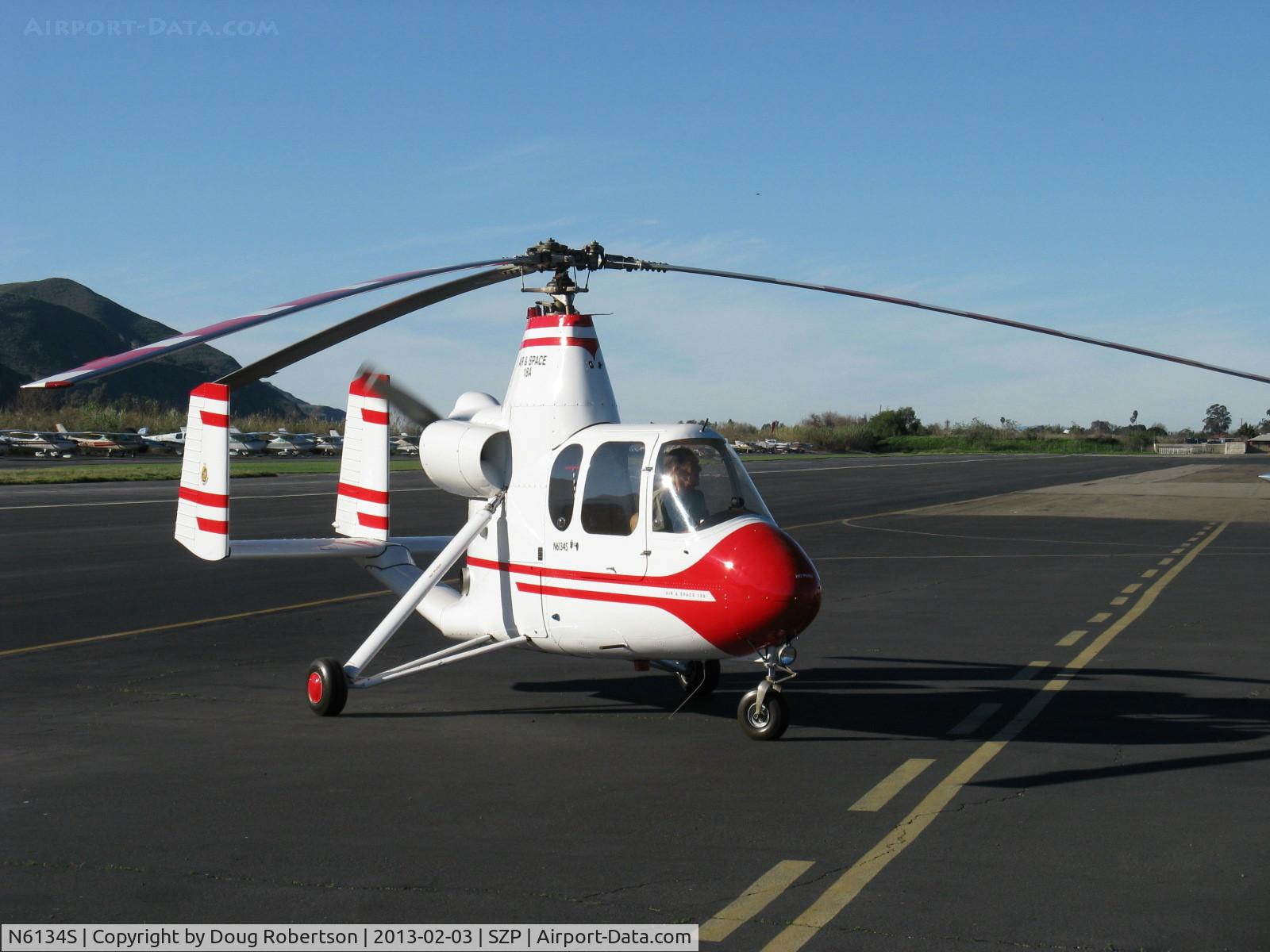 N6134S, 1965 Air & Space America Inc 18A C/N 18-41, 1965 Air & Space Mfg. Inc. 18A jump start autogyro, Lycoming O&VO-360 180 Hp pusher, rare aircraft derived from the Umbaugh 18 production autogyro, taxi with pusher engine only to transient ramp for display