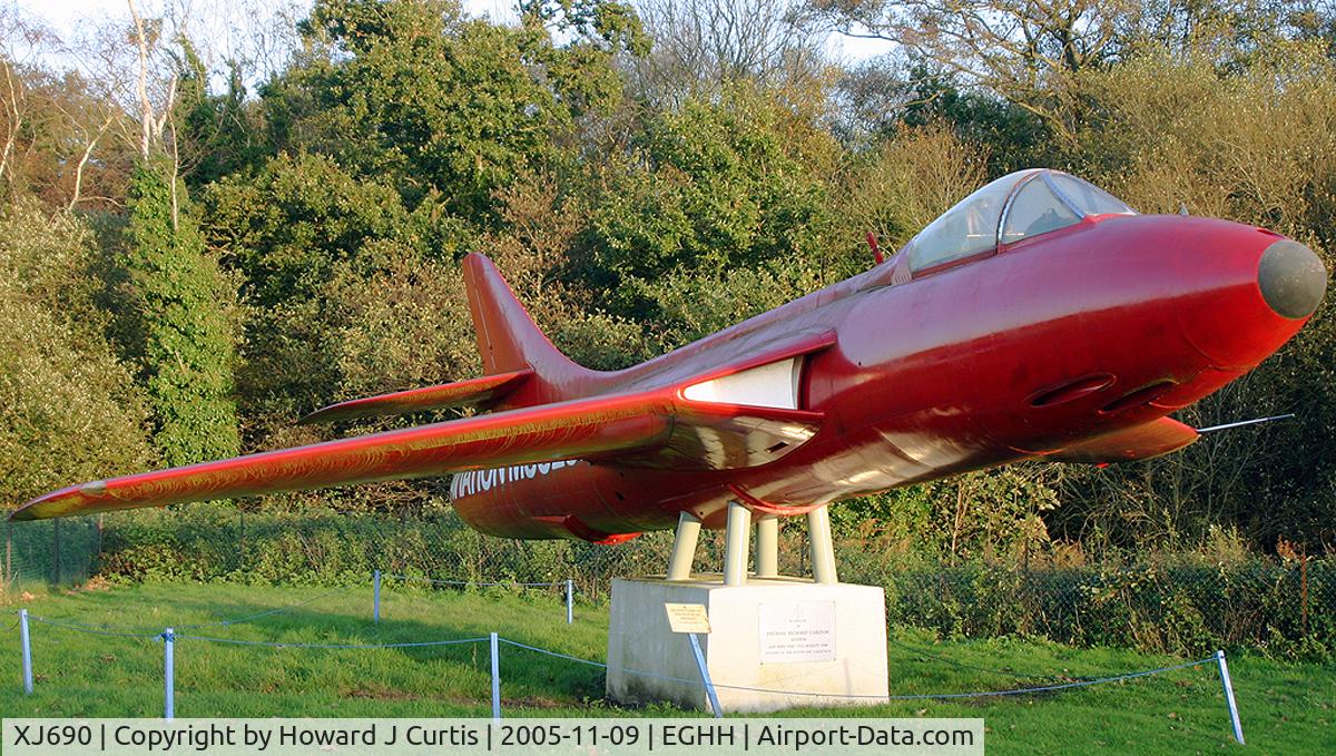 XJ690, 1957 Hawker Hunter FGA.9 C/N 41H/688081, Unmarked, a composite with a Danish two-seater. Preserved outside the hangars where the musuem was originally located.