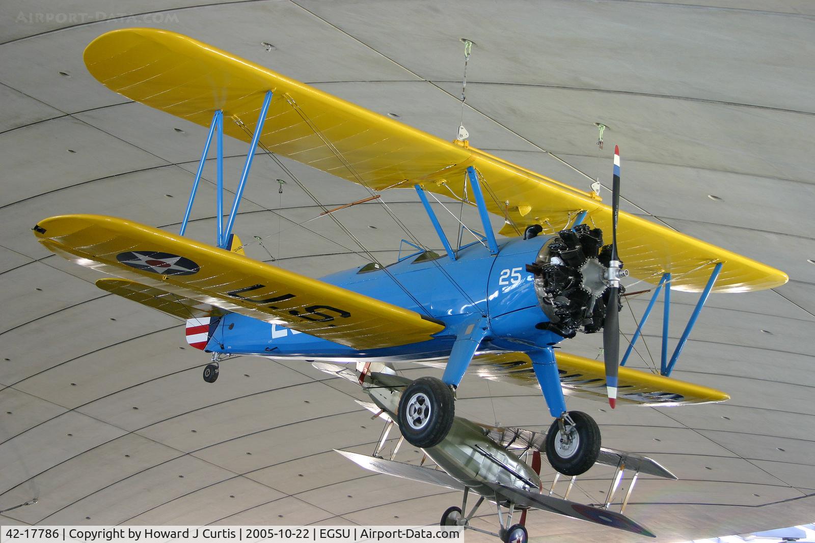 42-17786, 1941 Boeing PT-17 Kaydet (A75N1) C/N 75-1728, Actually CF-EQS. Hanging from the American Air Museum roof.