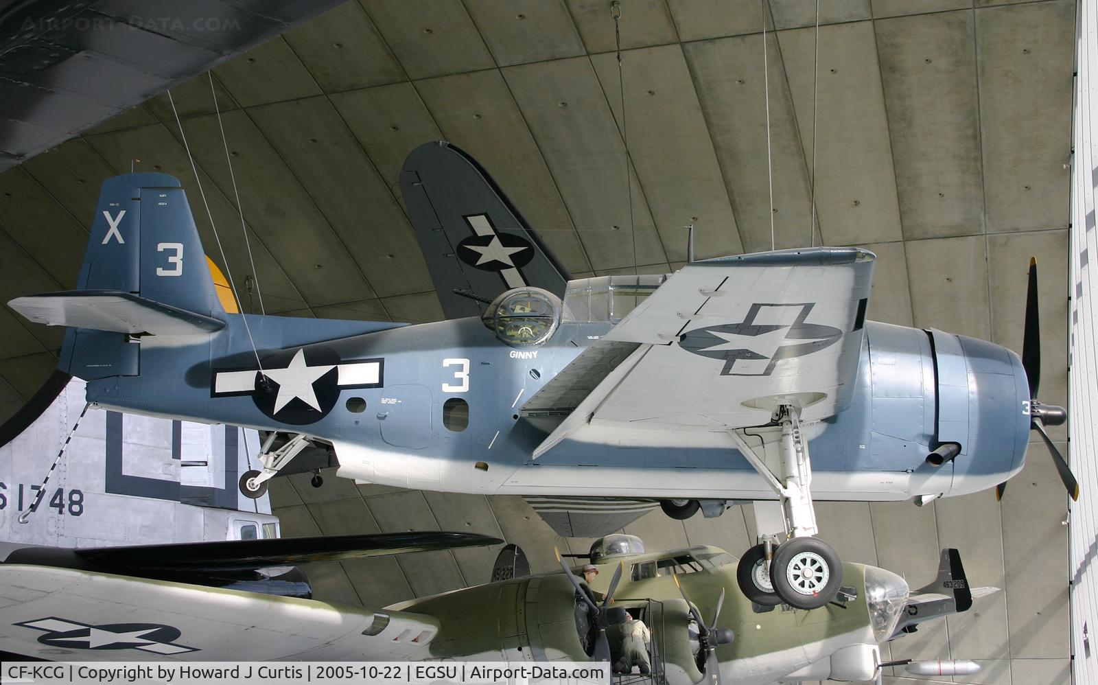 CF-KCG, Grumman TBM-3E Avenger C/N 2066, Painted in US Navy colours as X3. Hanging from the American Air Museum roof.
