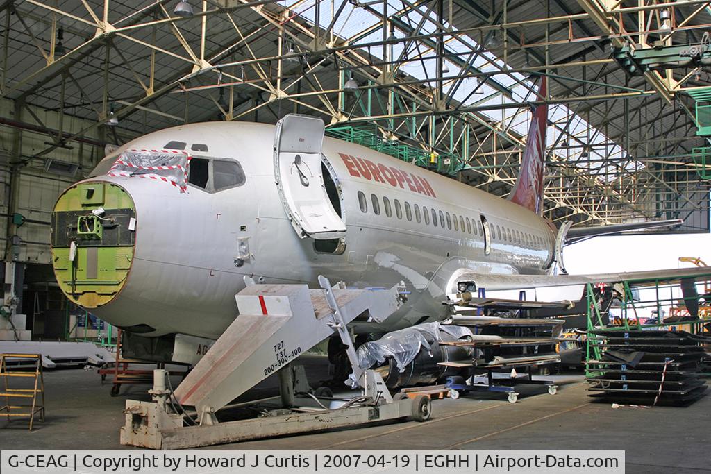 G-CEAG, 1975 Boeing 737-229 C/N 21136, European Aviation. This spent much of its life as a 'Christmas tree' before being scrapped. It rarely ventured out of the hangar, hence the dust.