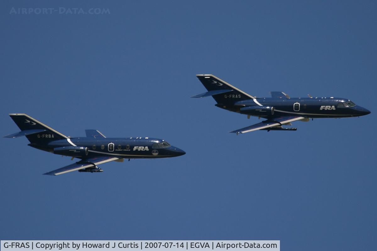 G-FRAS, 1967 Dassault Falcon (Mystere) 20DC C/N 82, FR Aviation, in formation with G-FRBA (wearing 'Flight Trials' marks).