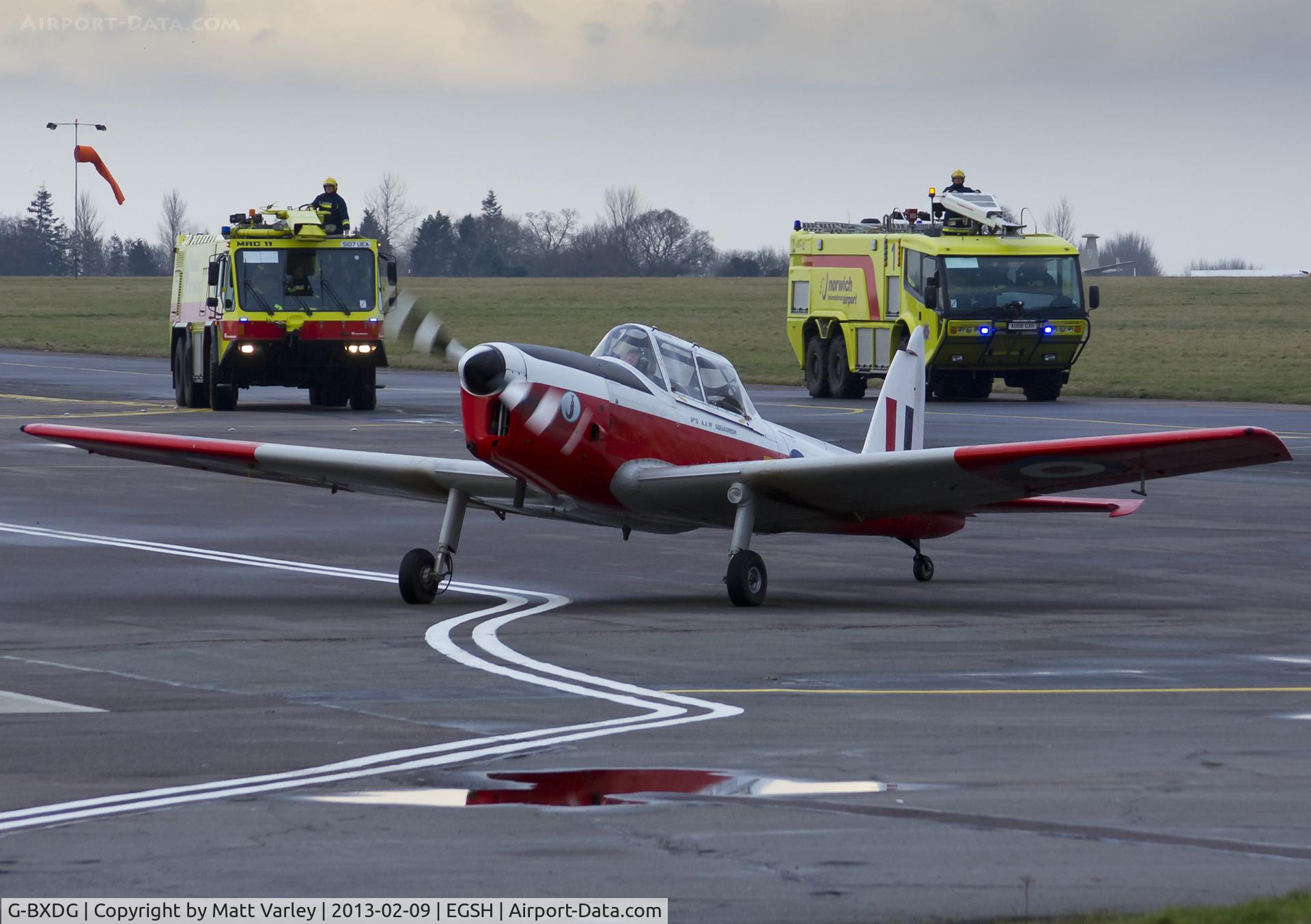 G-BXDG, 1950 De Havilland DHC-1 Chipmunk T.10 C/N C1/0644, Arriving at EGSH after performing an emergency landing.