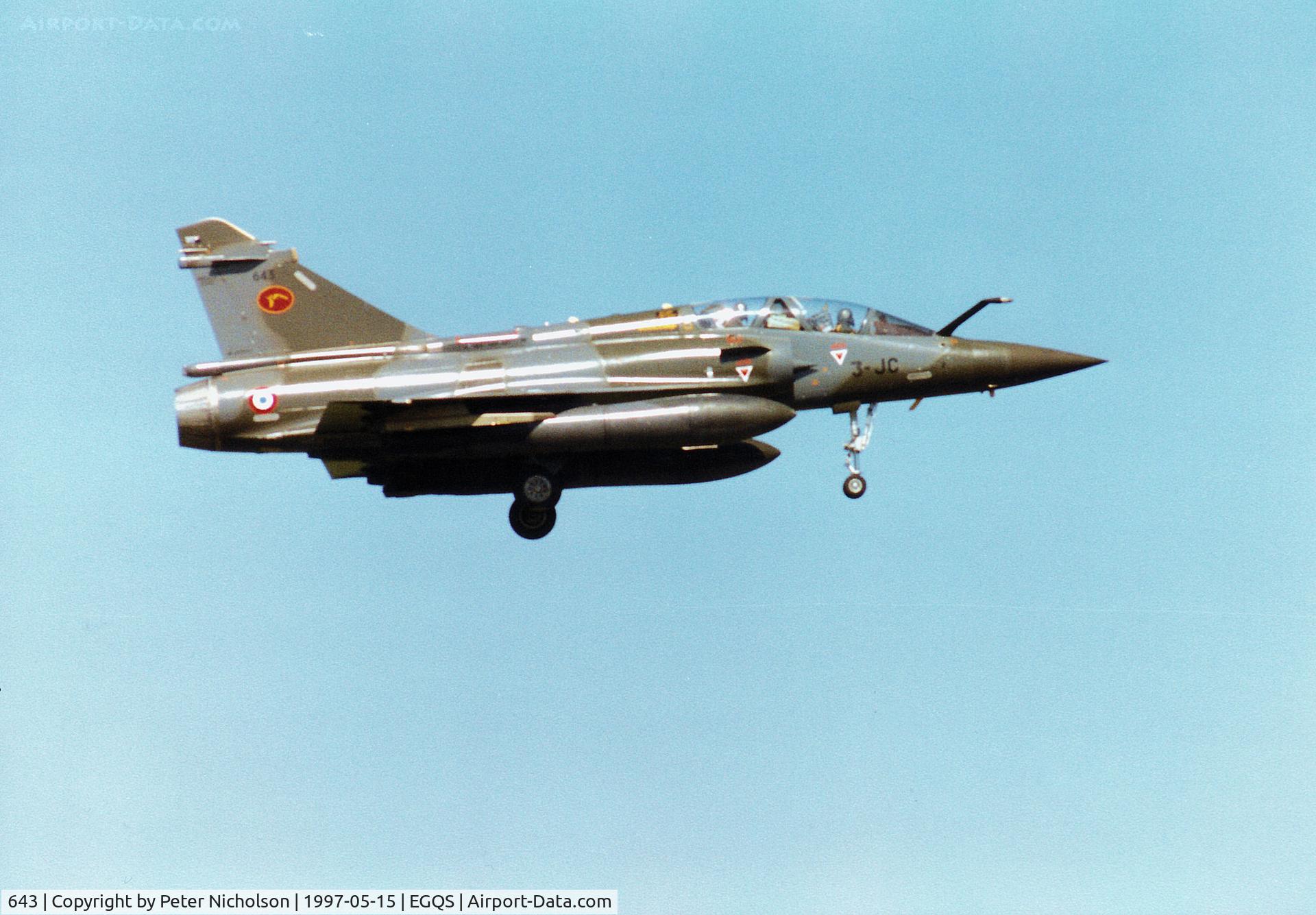 643, Dassault Mirage 2000D C/N 643, Mirage 2000D, callsign French Air Force 7320 Alpha, on final approach to Runway 05 at RAF Lossiemouth in May 1997.