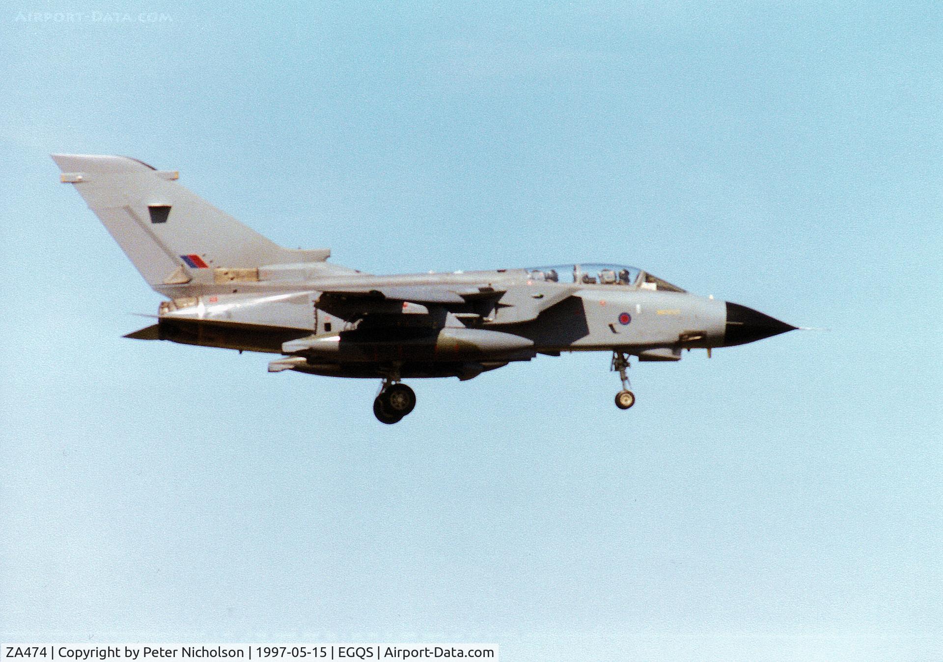ZA474, 1983 Panavia Tornado GR.1B C/N 300/BS104/3140, Tornado GR.1B, callsign Jackal 1, of 12 Squadron on finals for Runway 05 at RAF Lossiemouth in May 1997.