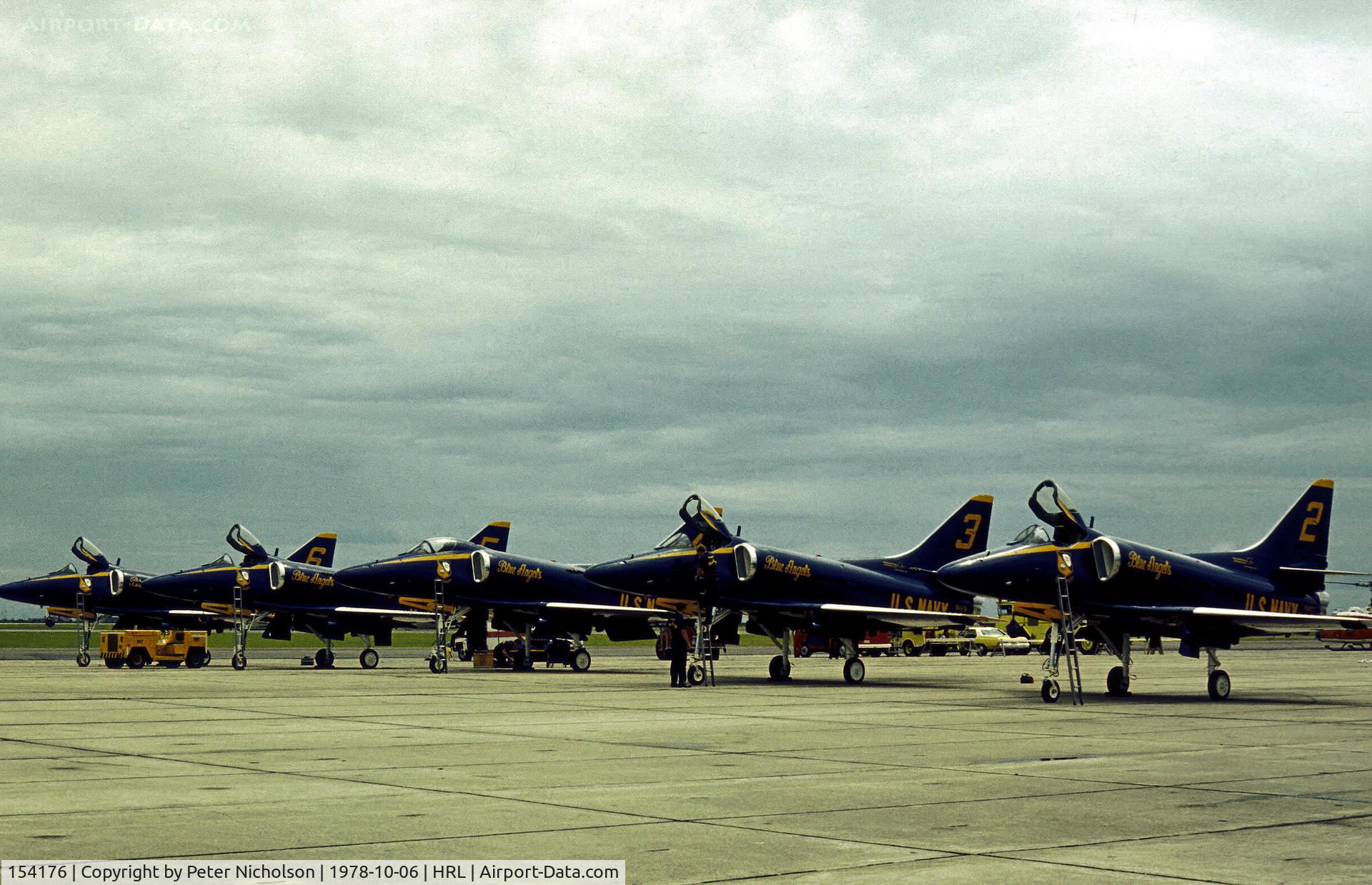 154176, Douglas A-4F Skyhawk C/N 13633, Blue Angel number 3 with companions on the flight-line at the 1978 Confederate Air Show at Harlingen.