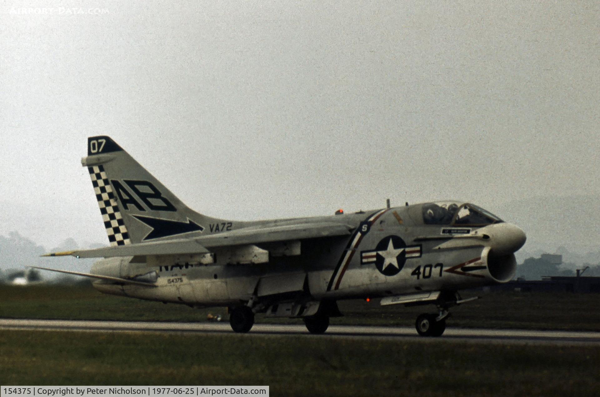 154375, LTV A-7B Corsair II C/N B-015, A-7B Corsair II of Attack Squadron VA-72 on display at the 1977 Intnl Air Tattoo at RAF Greenham Common.