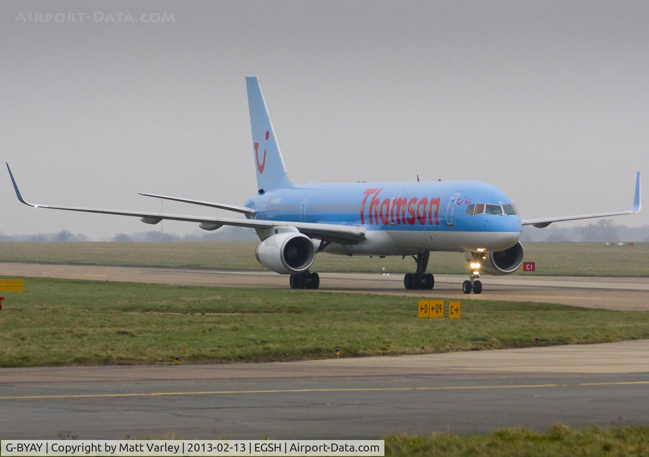 G-BYAY, 1999 Boeing 757-204 C/N 28836, Arriving at EGSH for spray into Thomson's Dreamliner livery.