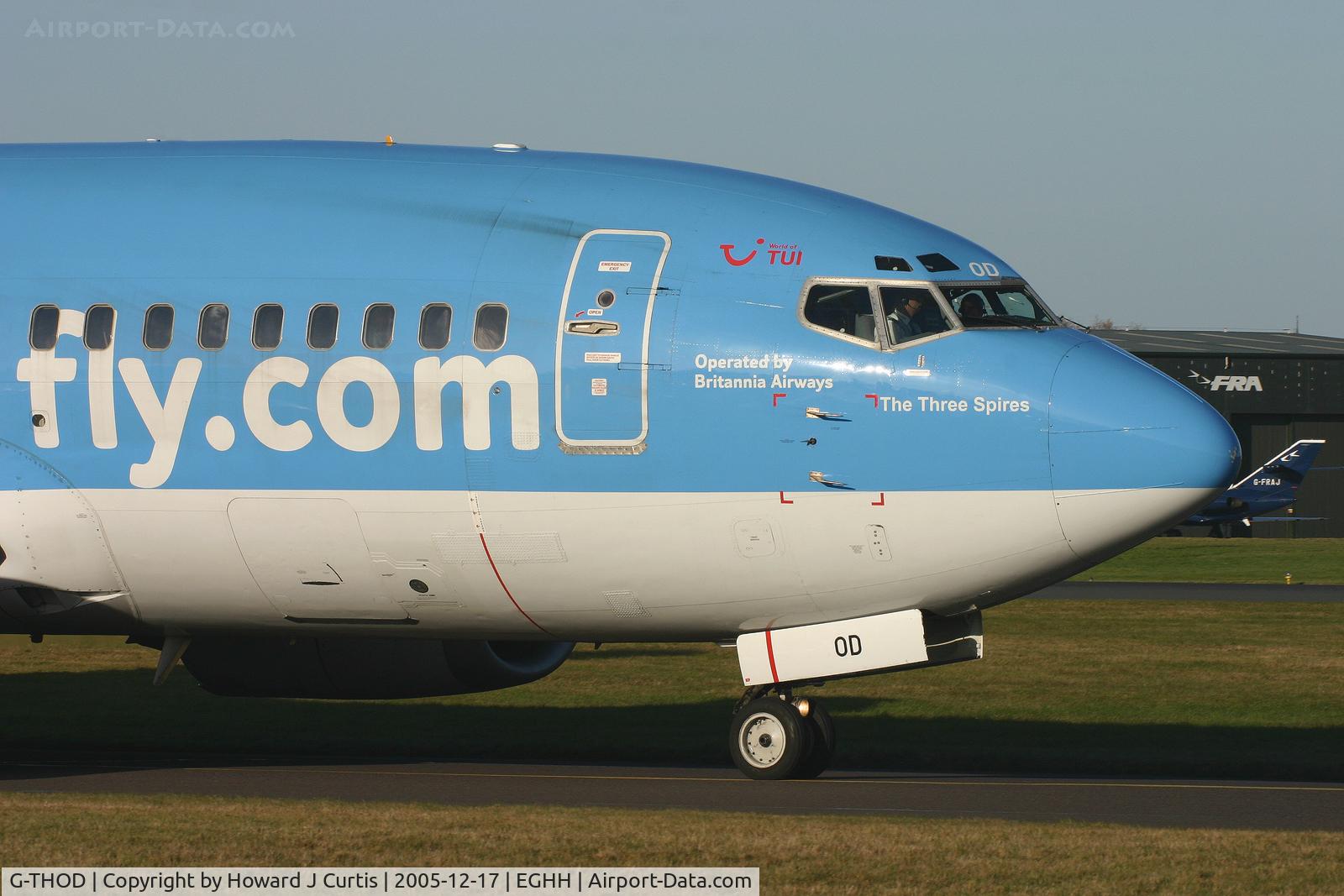 G-THOD, 1990 Boeing 737-59D C/N 24695, Close up of the nose as it waits to depart. Thomsonfly colours.