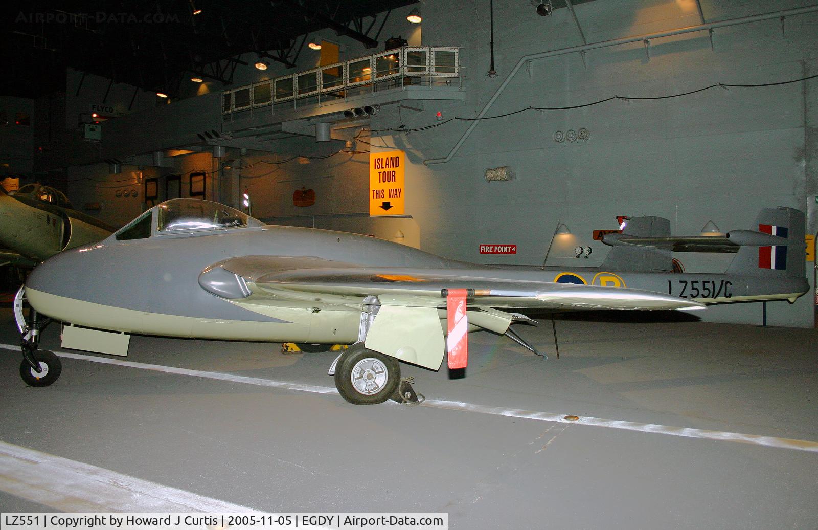 LZ551, De Havilland Sea Vampire 1 C/N Not found LZ551, First jet to land on an aircraft carrier. Preserved at the Fleet Air Arm Museum.