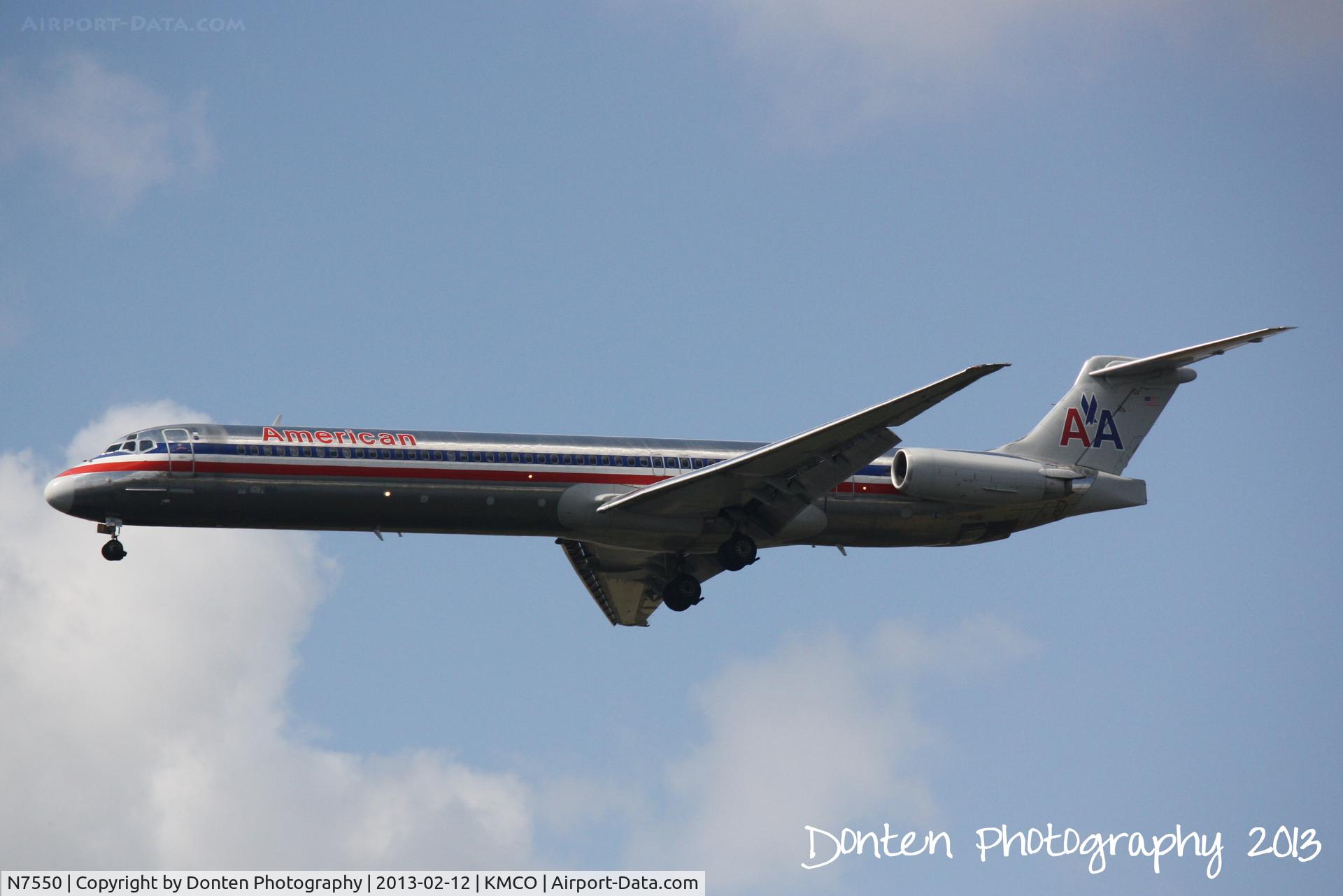 N7550, 1991 McDonnell Douglas MD-82 (DC-9-82) C/N 53032, American Airlines Flight 1052 (N7550) on approach to Orlando International Airport following a flight from Dallas-Fort Worth International Airport