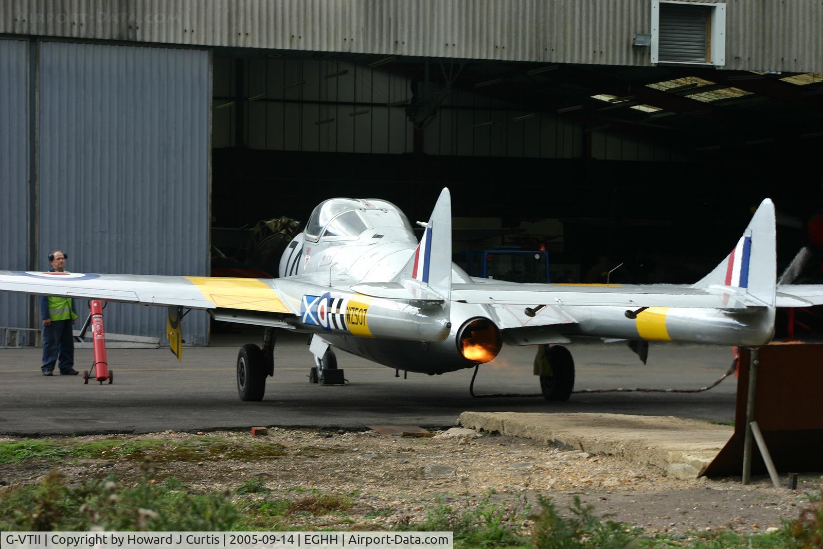 G-VTII, 1954 De Havilland DH-115 Vampire T.11 C/N 15127, Painted as WZ507; notice the flame from the exhaust as it starts up.
