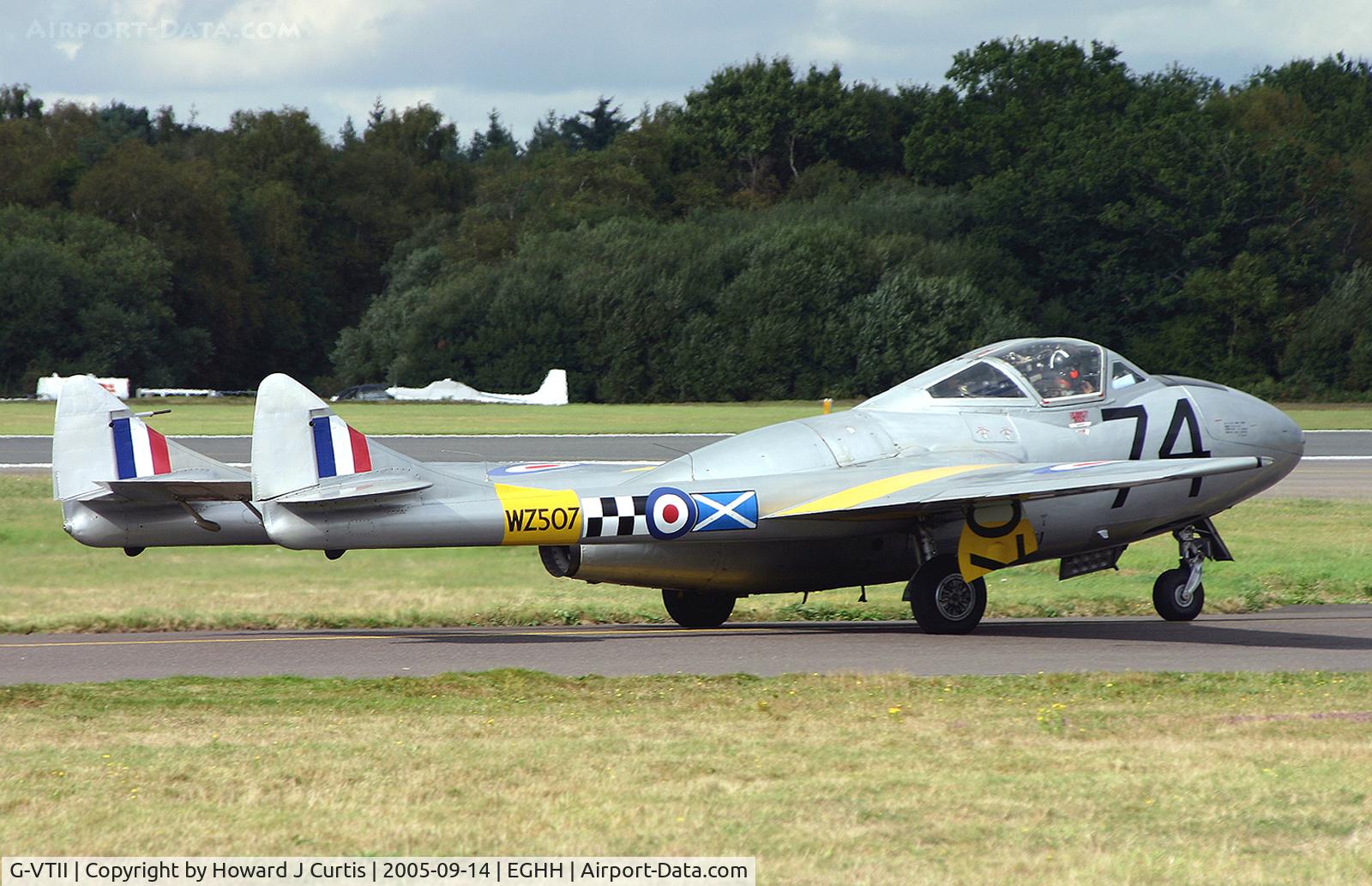 G-VTII, 1954 De Havilland DH-115 Vampire T.11 C/N 15127, Painted as WZ507/74, awaiting departure on runway 26.