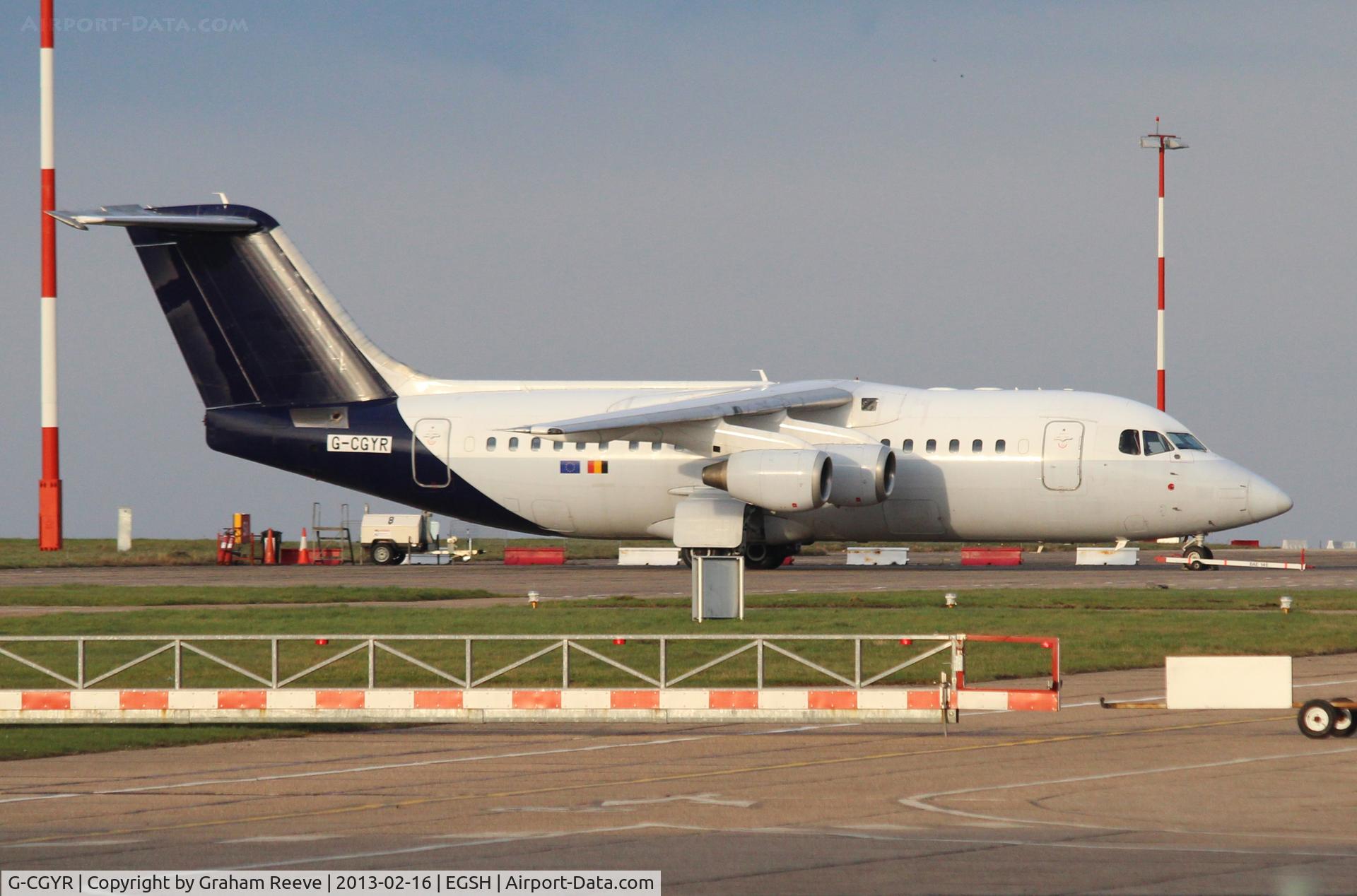 G-CGYR, 1995 British Aerospace Avro 146-RJ85 C/N E.2273, Parked at Norwich.